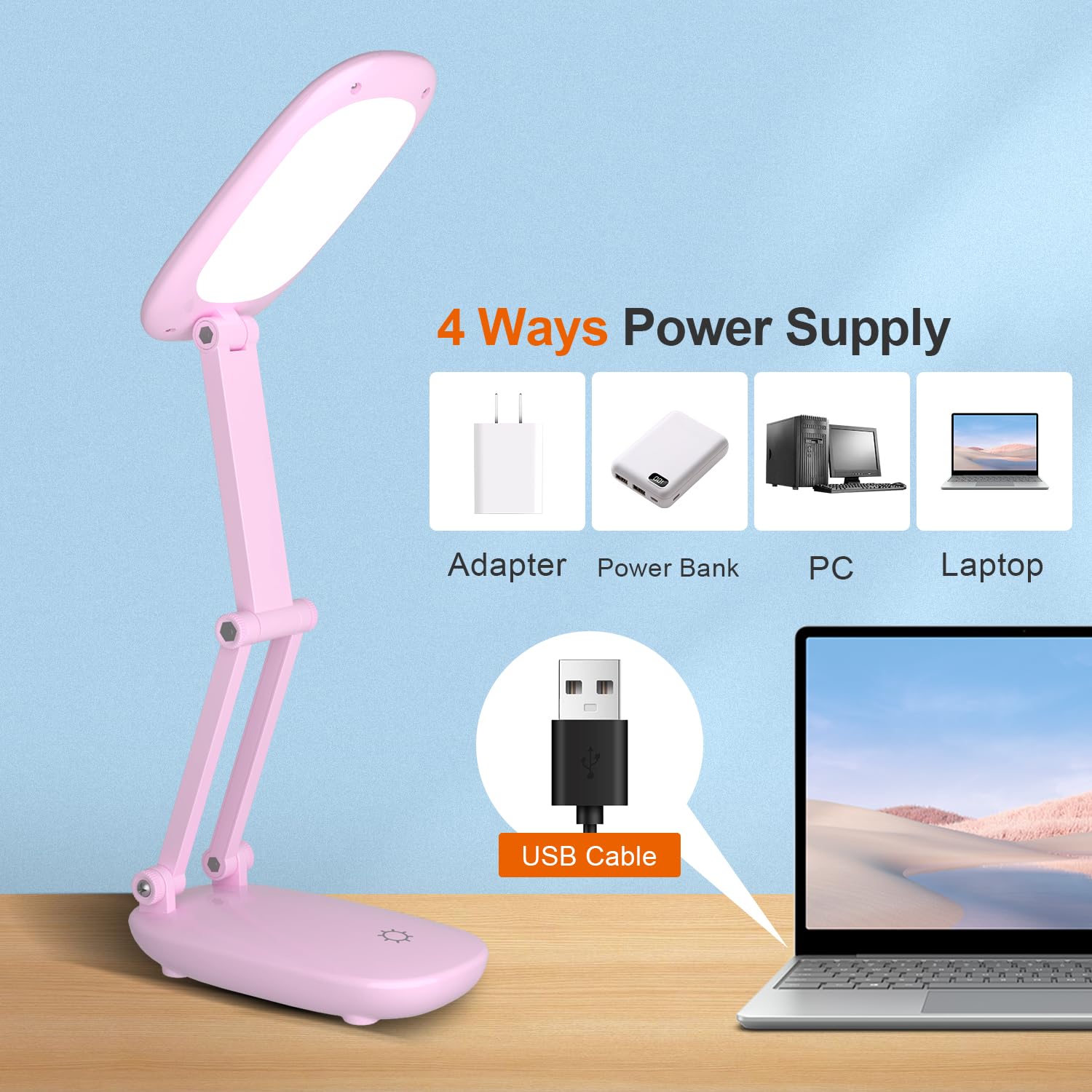 Akejrym Led Desk Lamp For Office Home & Battery Operated Lamp Rechargeable Lamp Foldable & Portable Light, [2-Fold Bracket] 3 Br