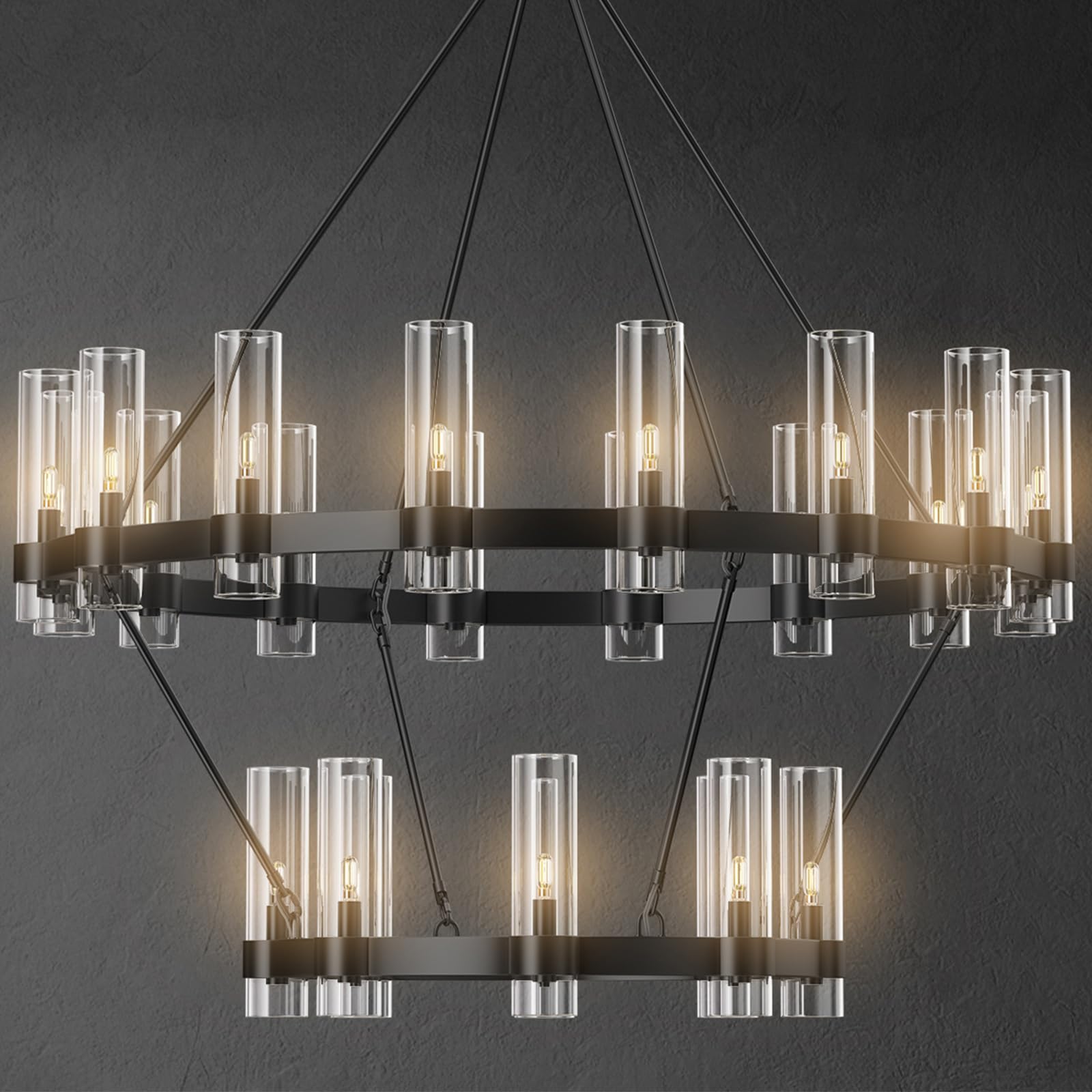 YIOSI Black Chandelier, 24-Lights Wagon Wheel Chandelier with Glass Shade,48 Inch Large Round Industrial High Ceilings Pendant L