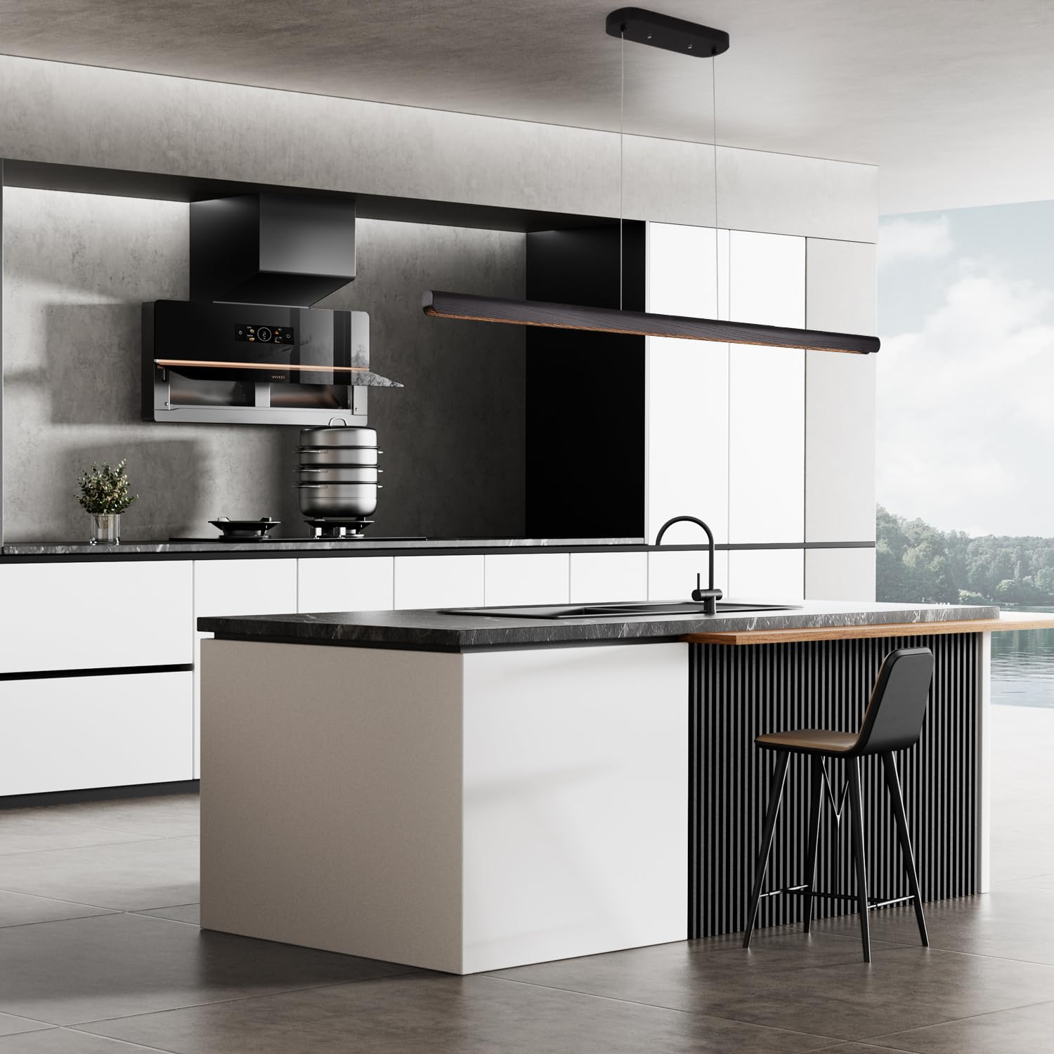 YISDESIGN 39" Dimmable Wood LED Pendant Light, Black Finish, Modern Island Lighting for Kitchen & Dining Room, Model 2260-2025