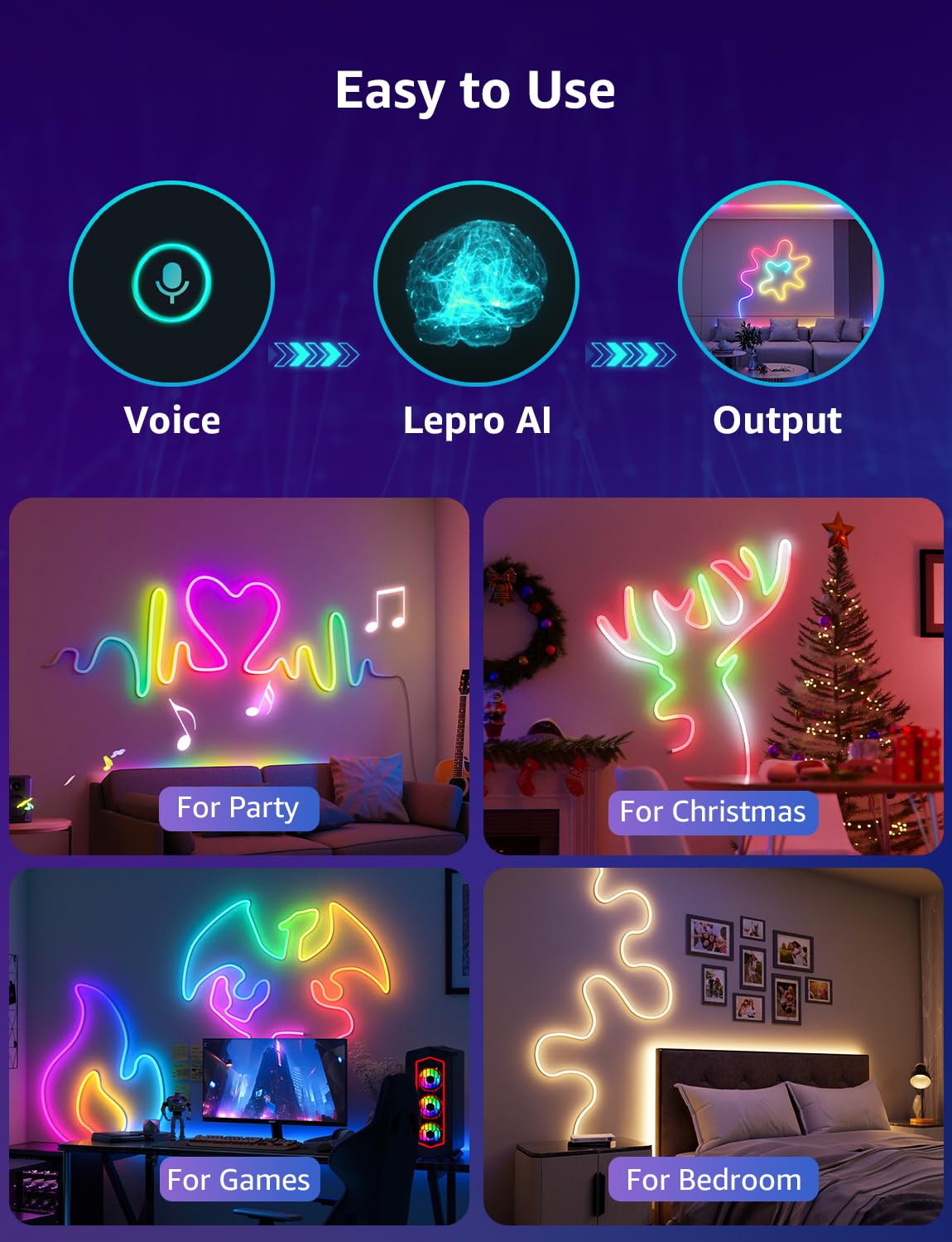 Lepro N1 AI Smart RGB Rope Lights, 9.84ft, Multicolor, Voice Control, Music Sync, Wi-Fi & Bluetooth