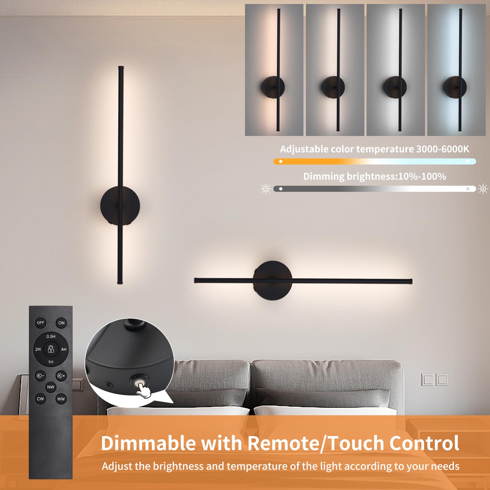 HONGREN 28 Black Battery Operated Wall Sconces Set of 2 Modern Wireless Rechargeable Wall Sconce with Remote Control LED Dimmabl