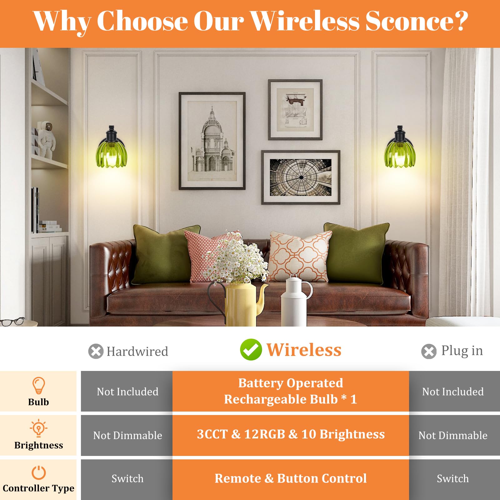 VerRon Rechargeable Wall Sconce, Green Glass Lampshade, Wireless, Remote Control, 1-Pack, Black, Model B05092P