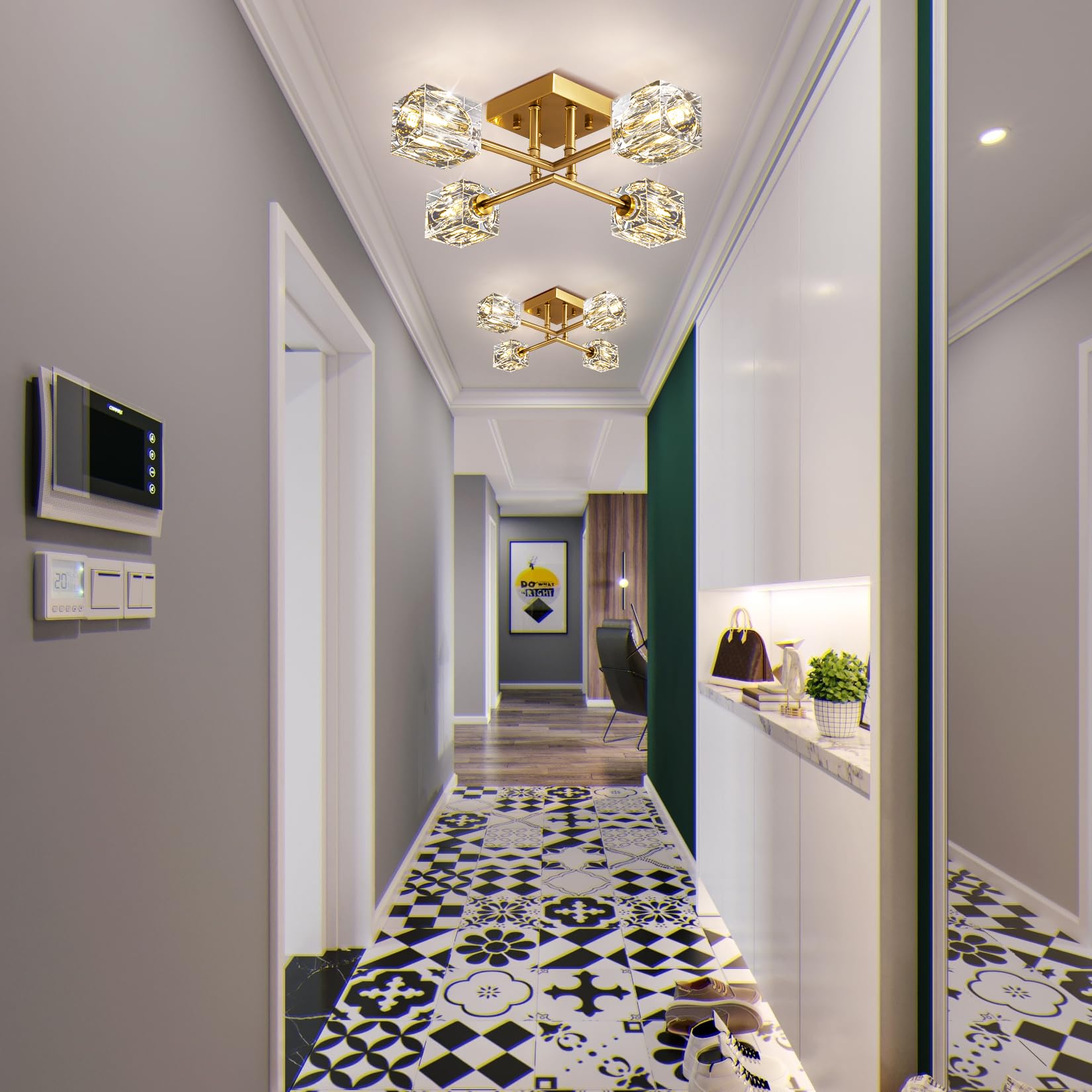 Okes Gold Modern Sputnik Chandelier Ceiling Light Fixtures,4-Lights Industrial Crystal Semi Flush Mount Ceiling Light For Bedroo