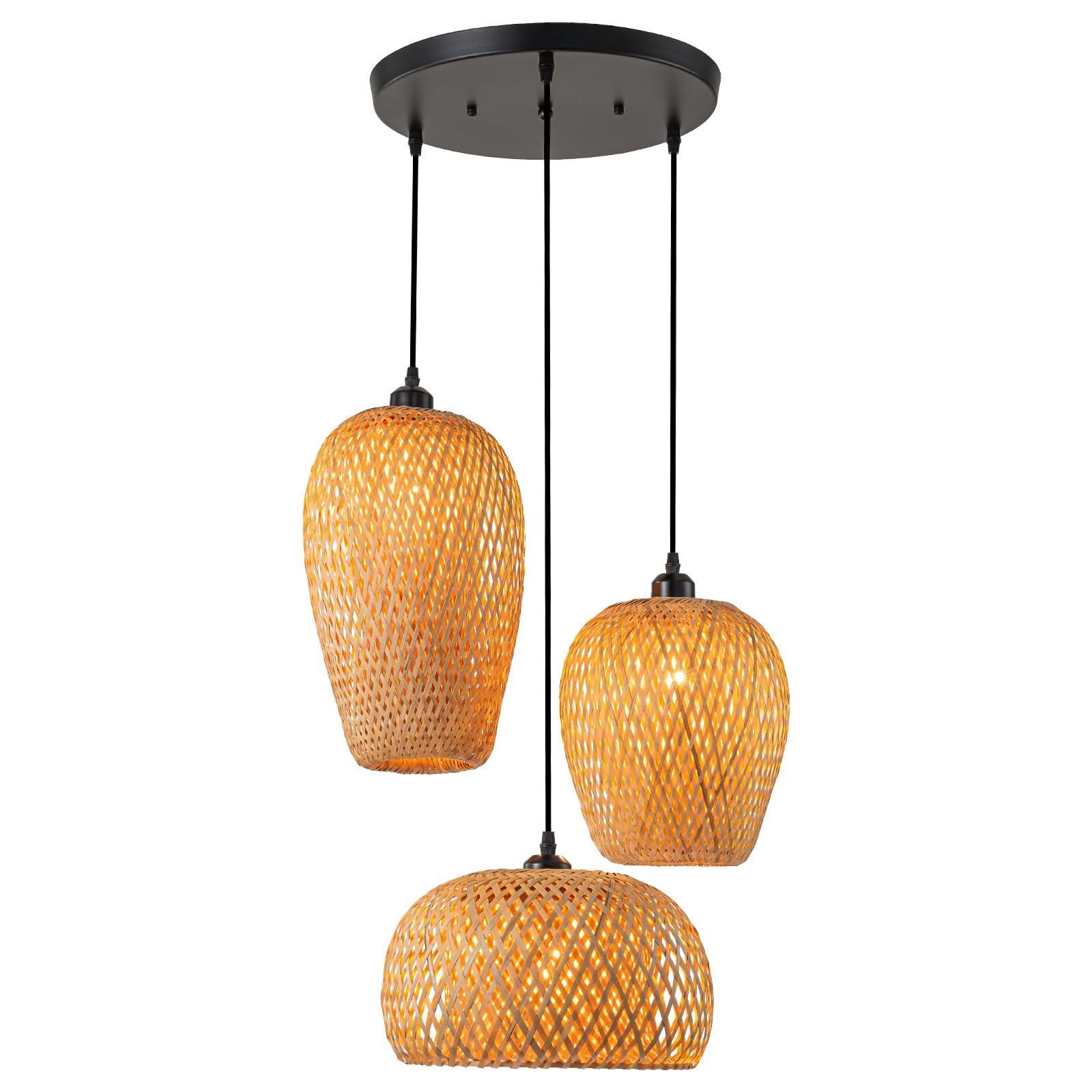 AOODU Rattan Pendant Light Bamboo Hanging Light 3-Lights Boho Pendant Light Fixture Woven Basket Wicker Shade Rattan Chandelier 