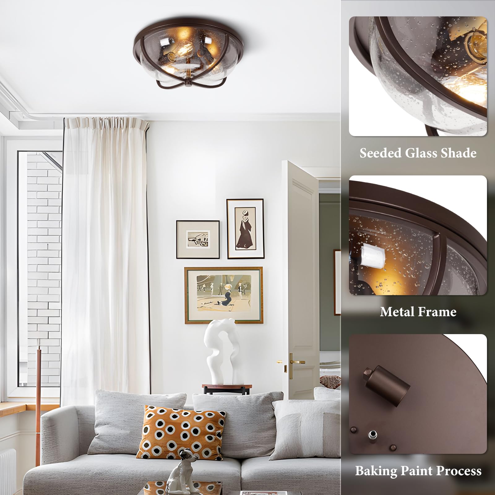 Rosient Flush Mount Ceiling Light Fixture, Modern Seeded Glass, 16 Inch, ORB Finish, Ideal for Hallway and Porch Entryway