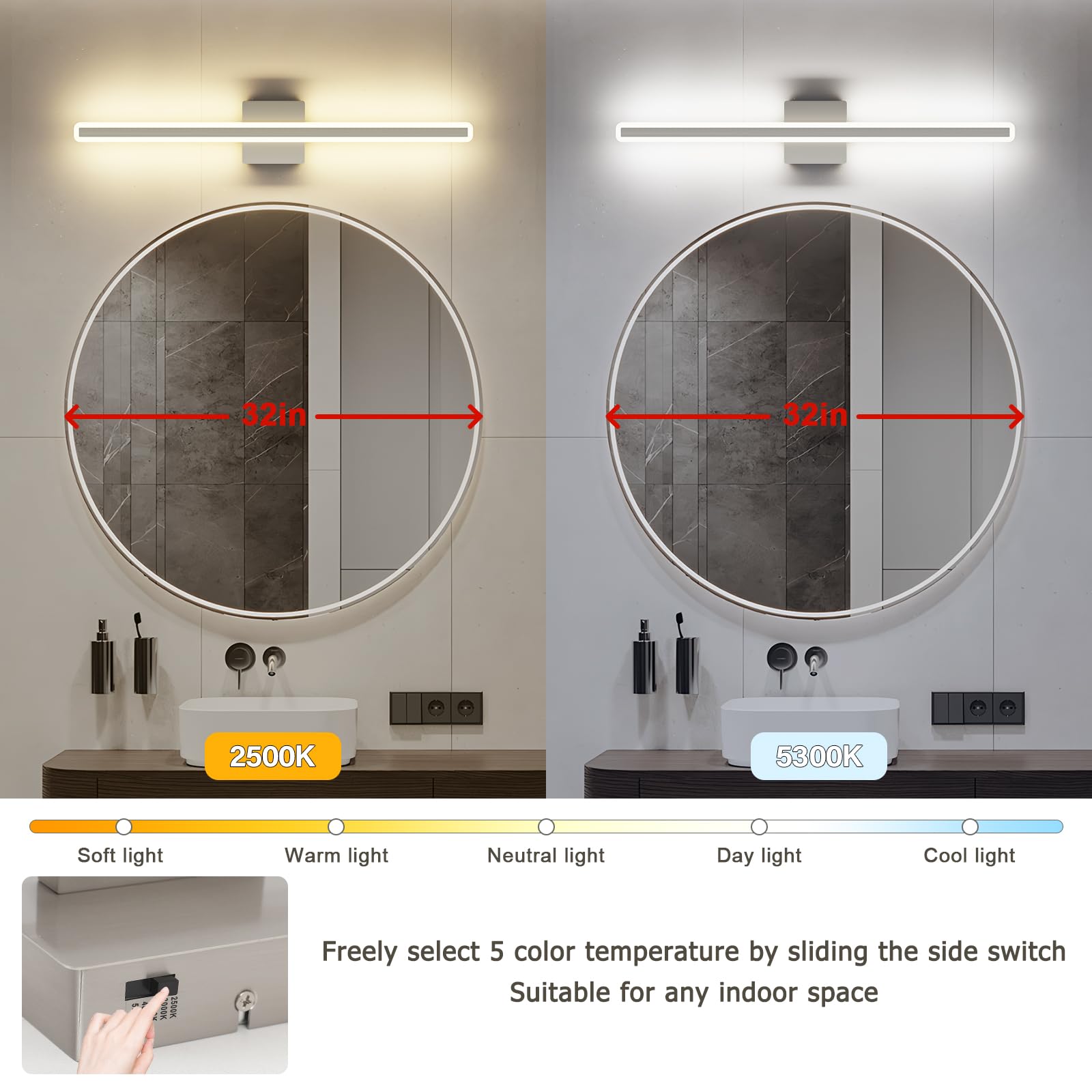 JUSHENG Brushed Nickel 32'' Dimmable LED Vanity Light Bar, 5CCT Modern Bathroom Lighting Fixture, Model 9871