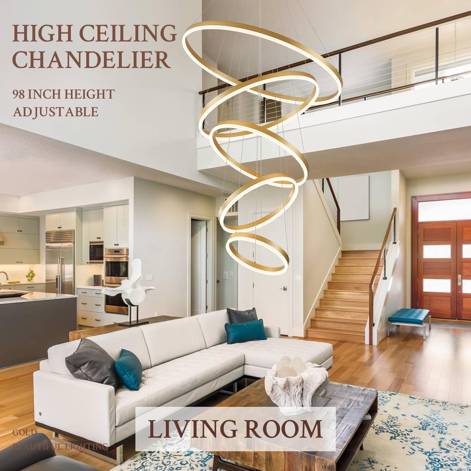 Sparklelf LED Chandelier, 5 Rings 31.5in, Gold, Dimmable, Remote Control, 3000K-6500K, Modern Design for Entryway, Living