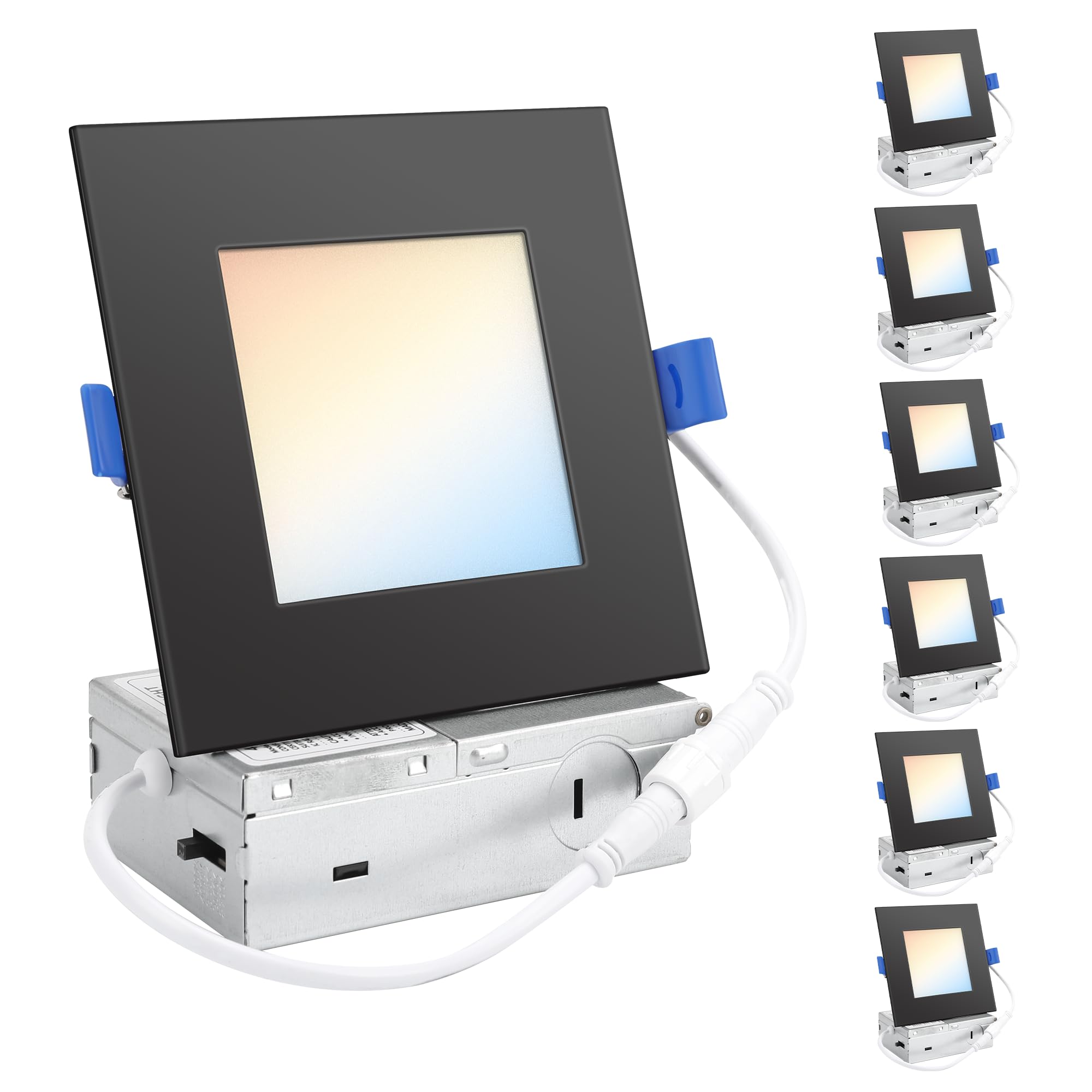 HONZIN Square LED Recessed Lighting 4 Inch, 5CCT Ultra Thin Led Recessed Ceiling Lights 6 Pack, Selectable 2700K/3000K/3500K/400