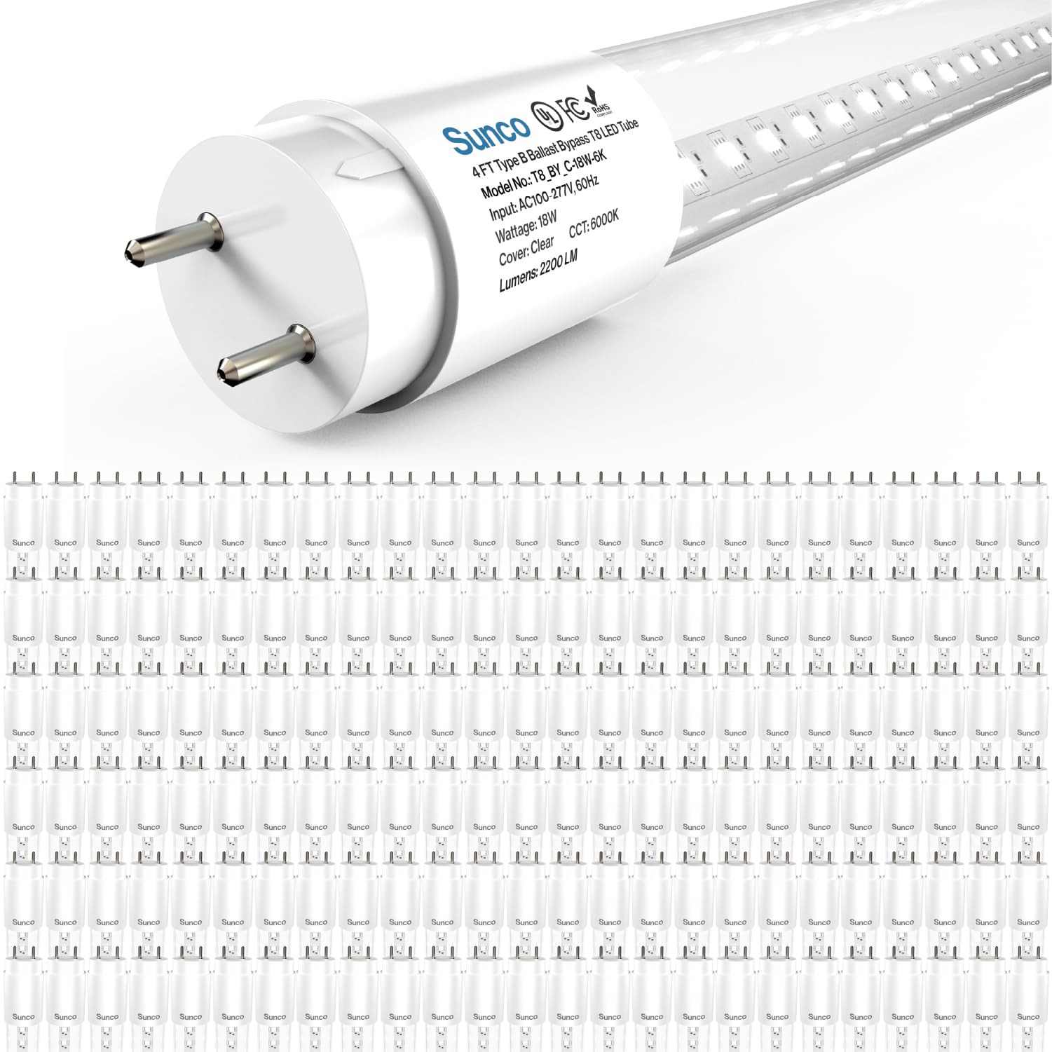 Sunco 150 Pack T8 Led Bulbs 4 Foot, Tube Light Bulbs Ballast Bypass, 48 Inch Fluorescent Replacement, 2200 Lm, 18W, 6000K Daylig