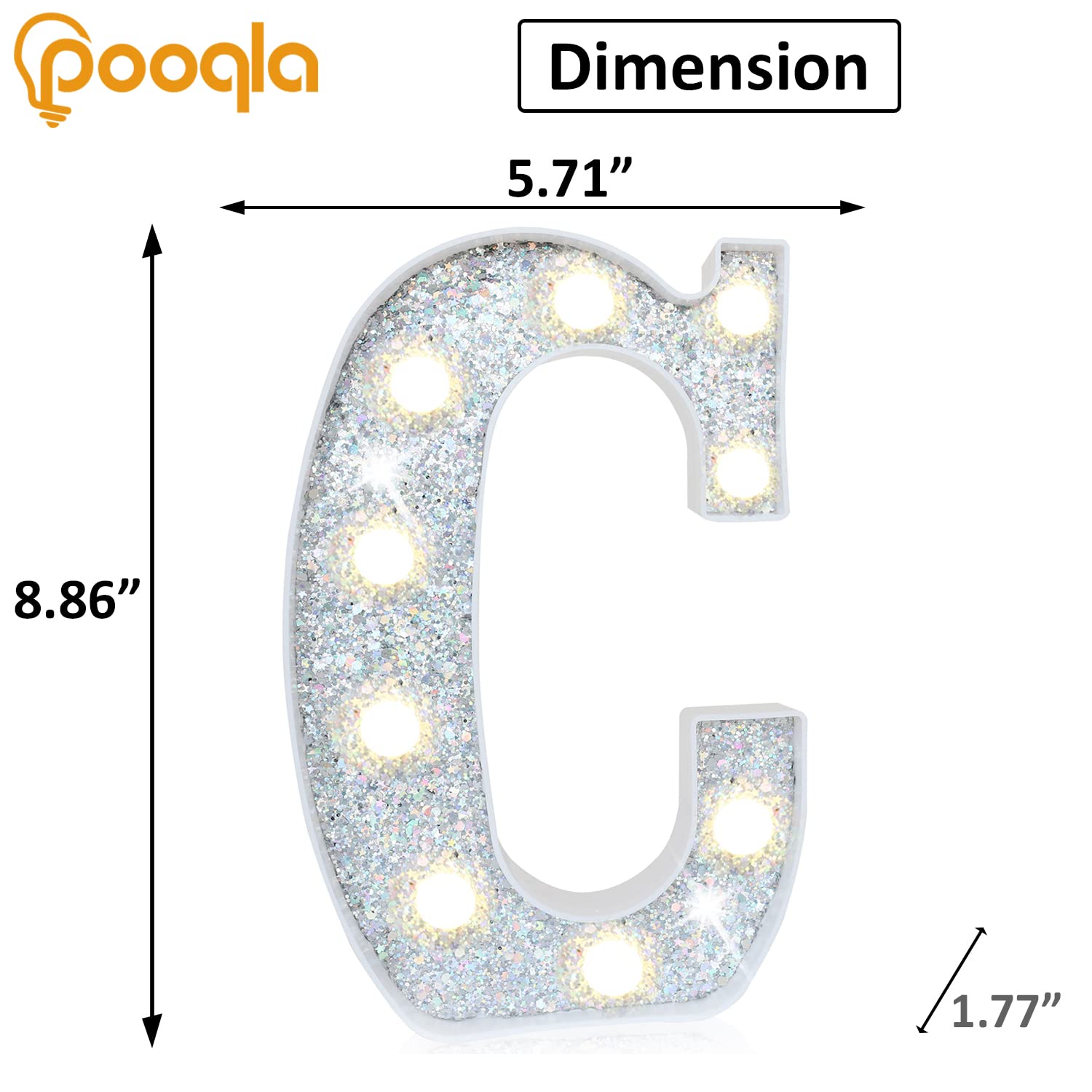Pooqla Led Marquee Letter Lights, Light Up Silver Letters Glitter Alphabet Letter Sign Battery Powered For Night Light Birthday Party Wedding Girls Gifts Home Bar Christmas Decoration, Silver Letter C