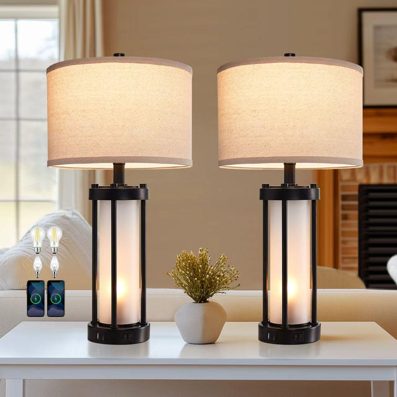 Roria Set Of 2 Modern Table Lamps For Living Room With 2 Usb Ports, White Frosted Glass Nightlight For Bedroom, Contemporary Des