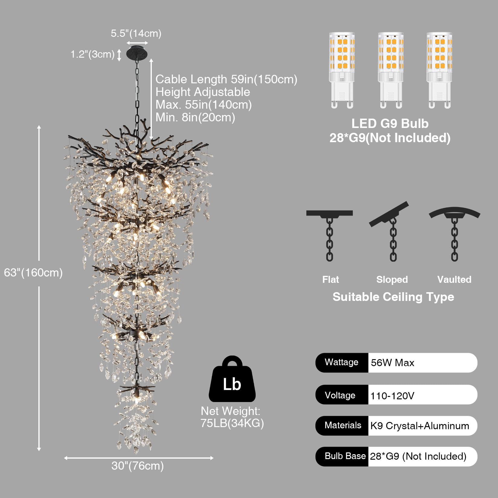 118'' Long Crystal Chandelier For High Ceiling, 28-Light Black Tree Branch Chandelier, Modern Large Chandeliers For Staircase Fo