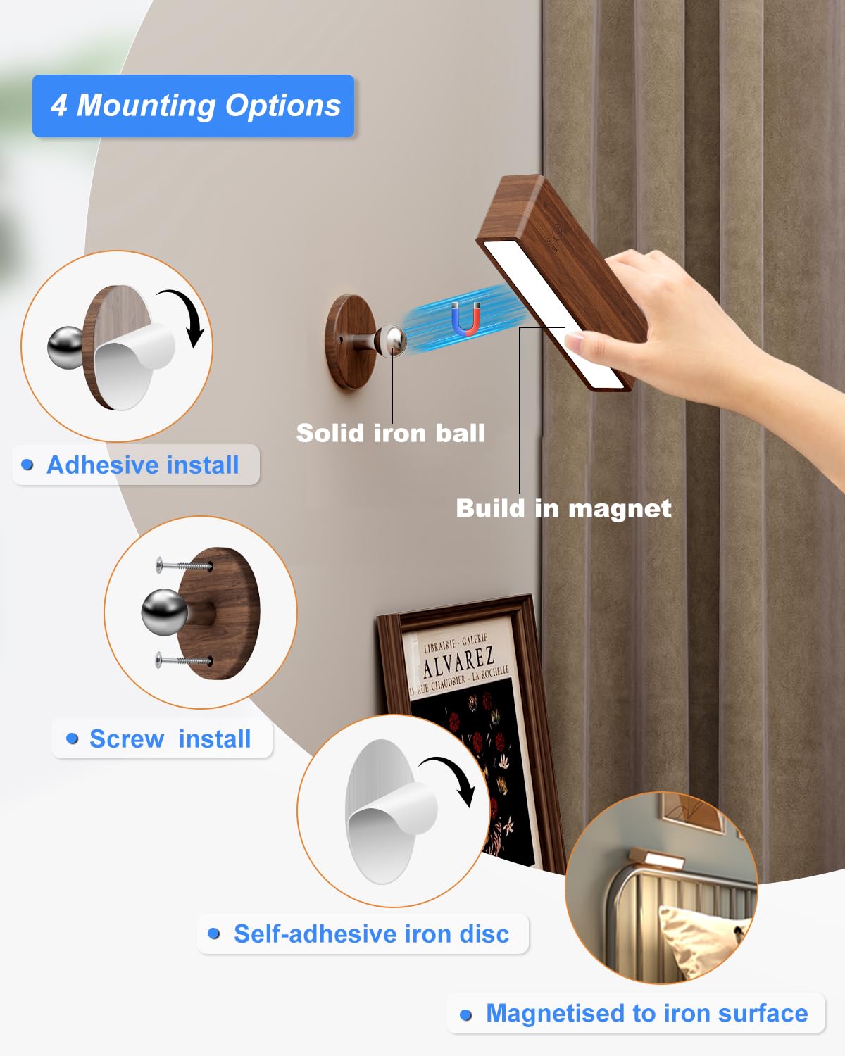 Yilaie Battery Operated Wall Lights,Walnut Wireless Wall Sconce For Bedroom,Rechargeable Wall Lights Cordless,Bedside Battery Wa