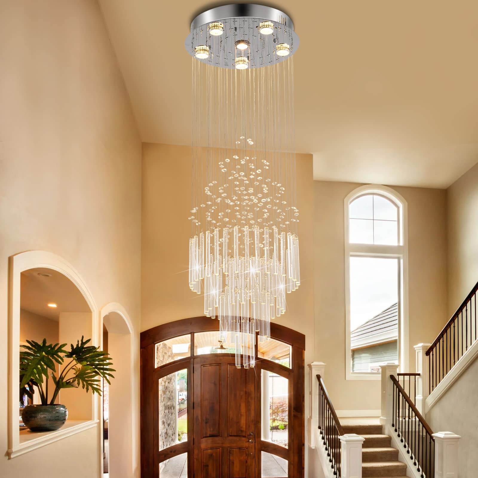 CRYSTOP 6-Light Modern Raindrop Crystal Chandelier, High Ceiling Pendant Light, Silver, 15.7" x 47.2"