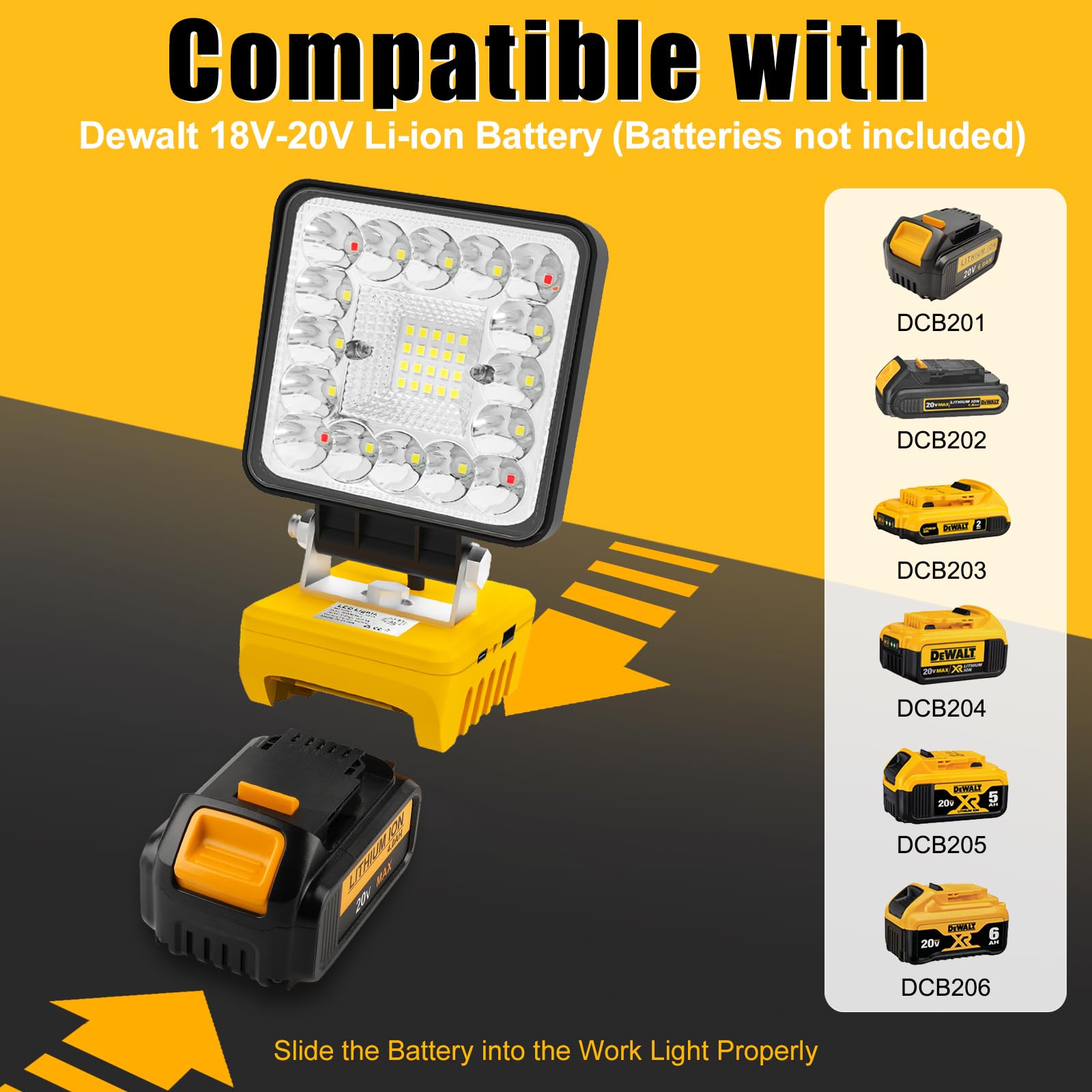 T-SUN 55W Work Light - Cordless LED Light for Dewalt 18V/20V Battery, Portable with USB & Type C Charging, Model F0130