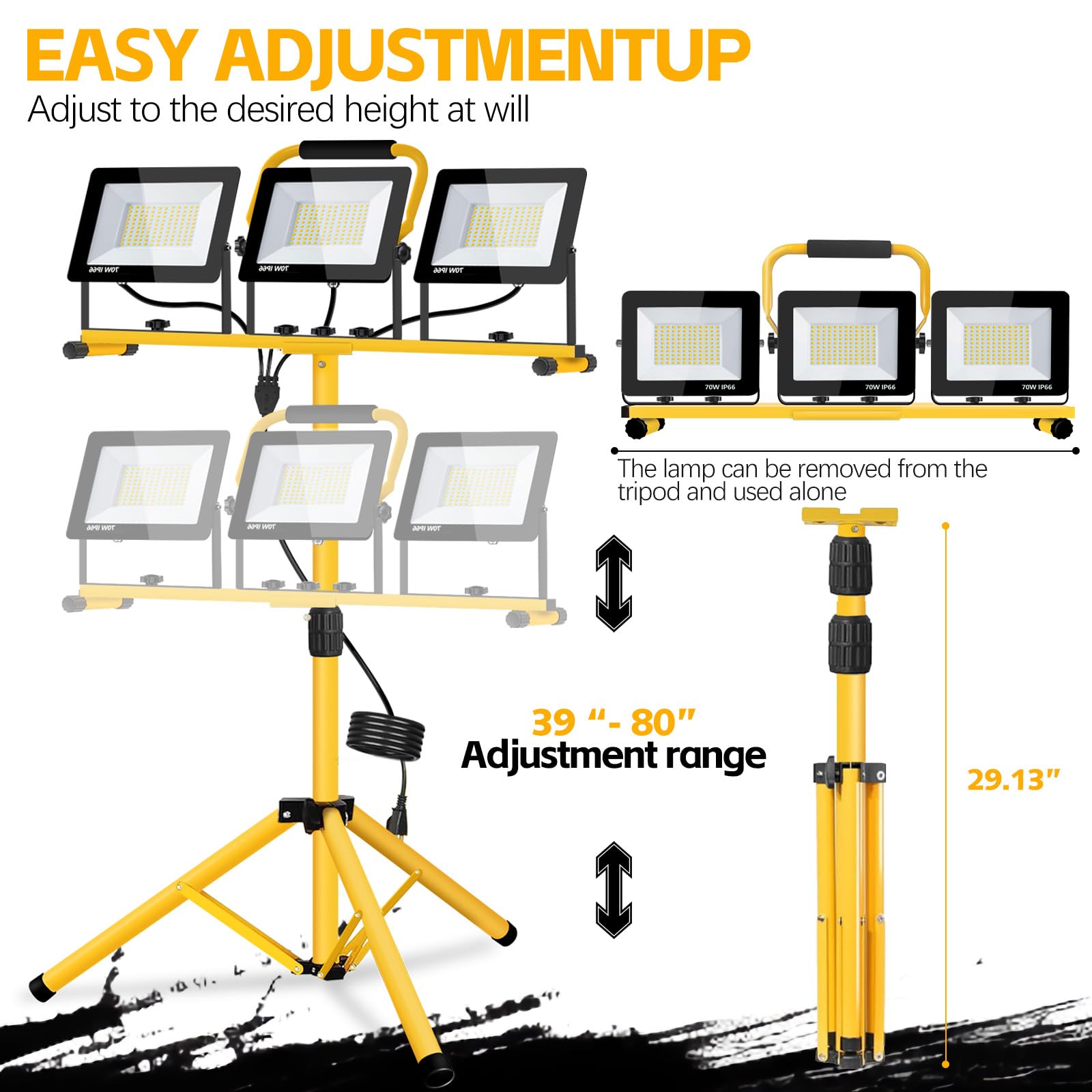 21000 Lumen Work Lights With Stand, 3 Adjustable Heads Led Work Lights, With Adjustable And Foldable Tripod Stand, Waterproof La