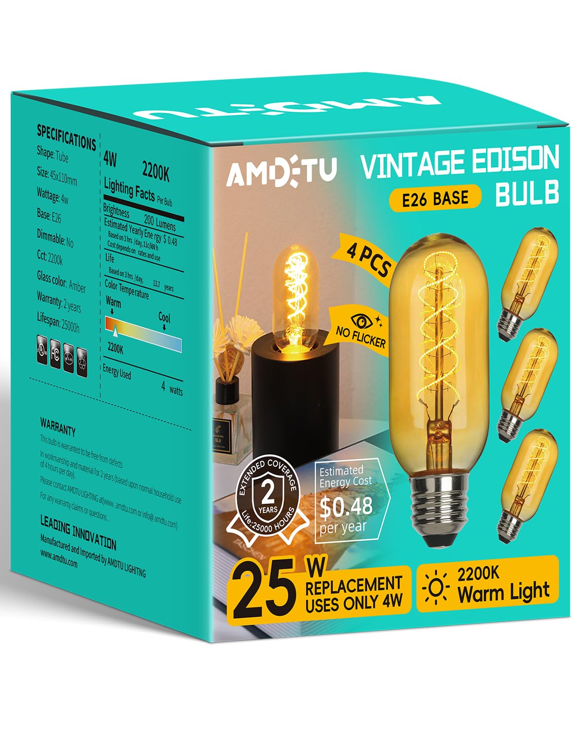 Amdtu Led Edison Vintage Light Bulbs 25 Watt Equivalent 4W E26 Base Amber Warm Yellow Filament Non Dimmable T45 Tubular Bulb Sof