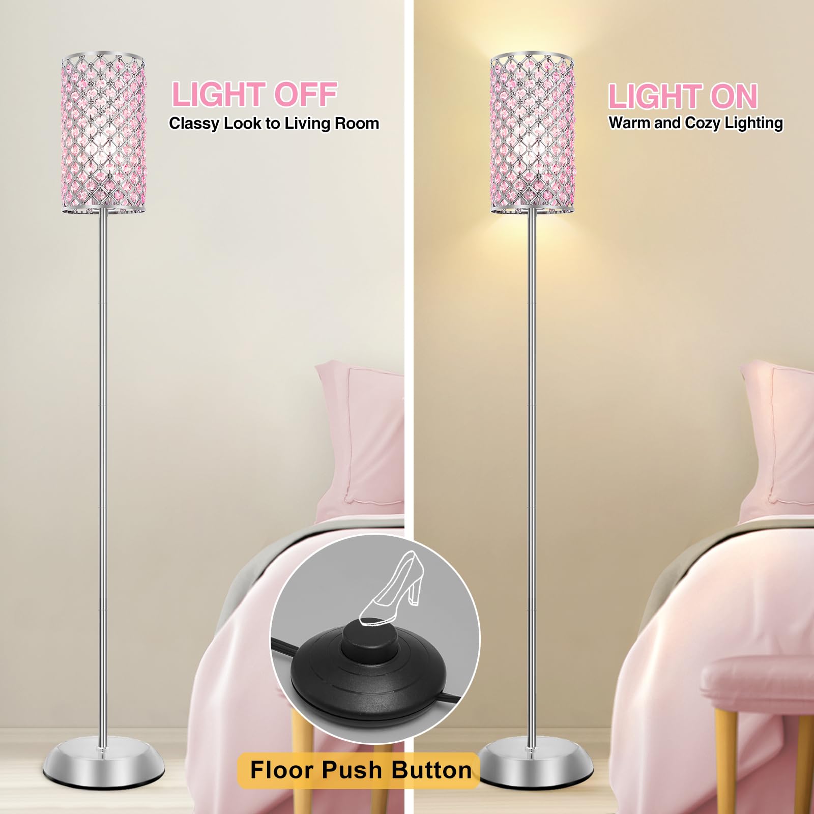 GyroVu Crystal Floor Lamp - Pink Modern Tall Lamp with Foot Switch for Bedroom, Living Room, Office, Dorm