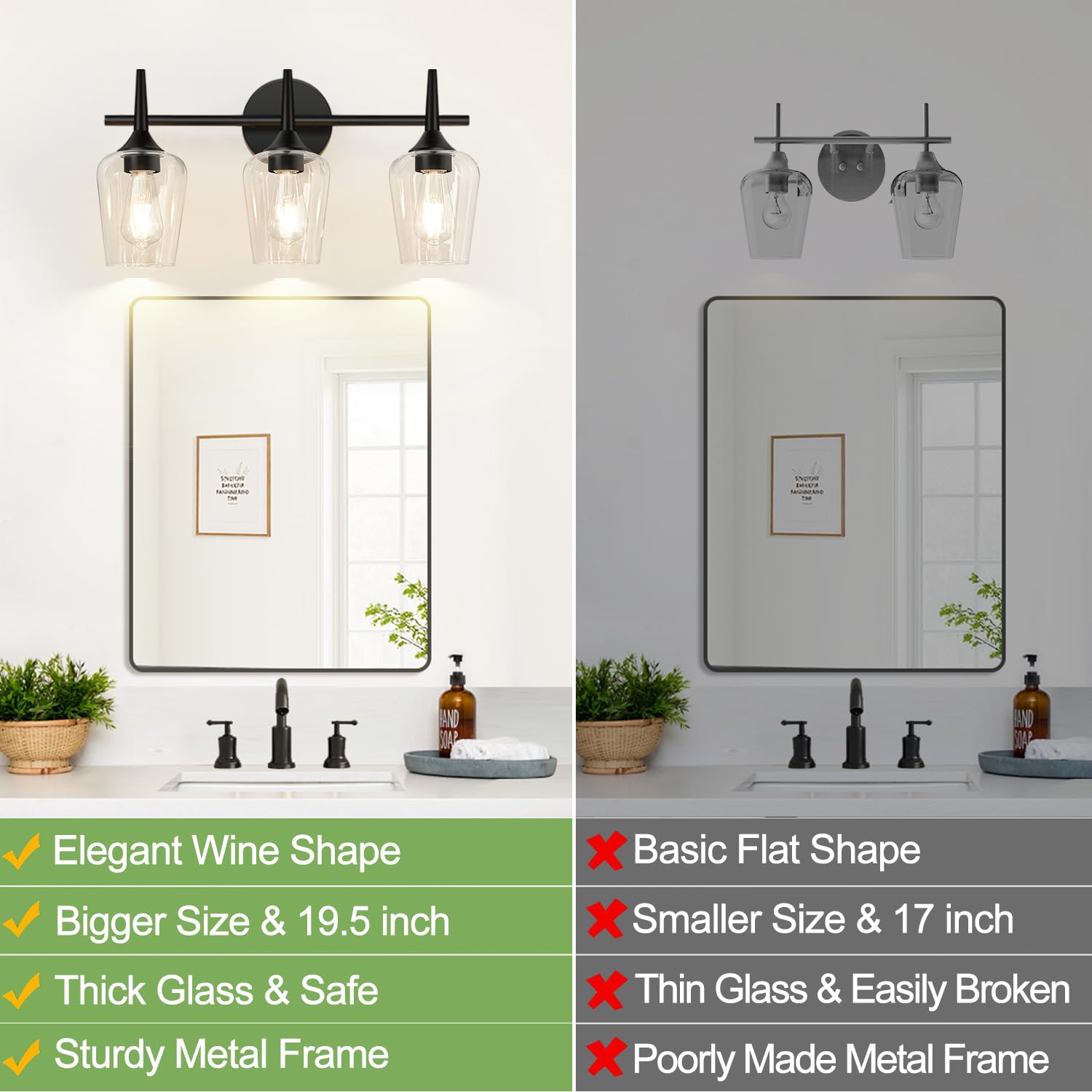 Mokatng 2025 Upgrade 3-Light Bathroom Light Fixtures  Black Vanity Lights For Bathroom With Clear Glass  19.5 Inch Bathroom Lighting Fixtures Over Mirror  Modern Wall Lamp For Cabinet Hallway