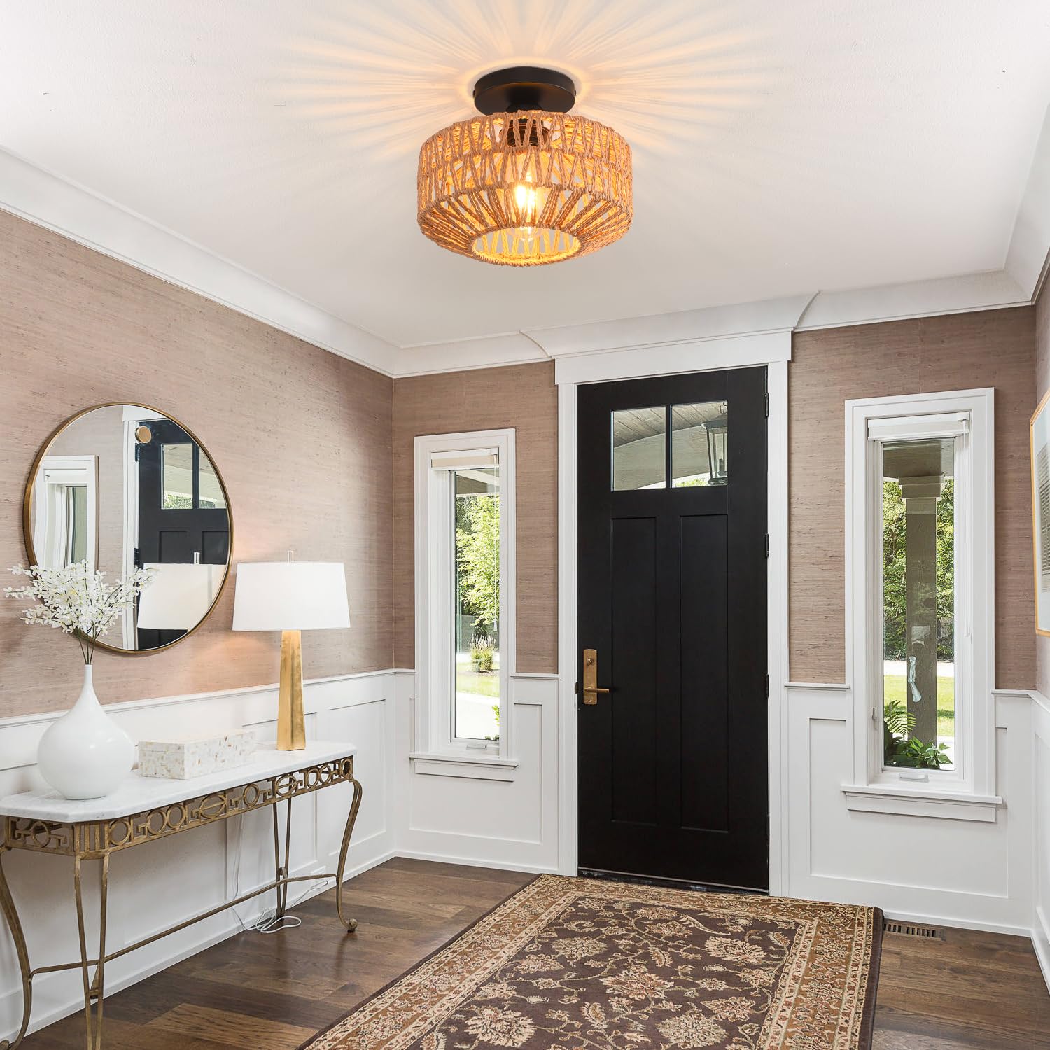 KENMI Ceiling Light Fixture, Hand-Woven Rattan, Metal, 9.8 IN, Flush Mount, Boho Style for Hallway, Bedroom, Kitchen, Living Room