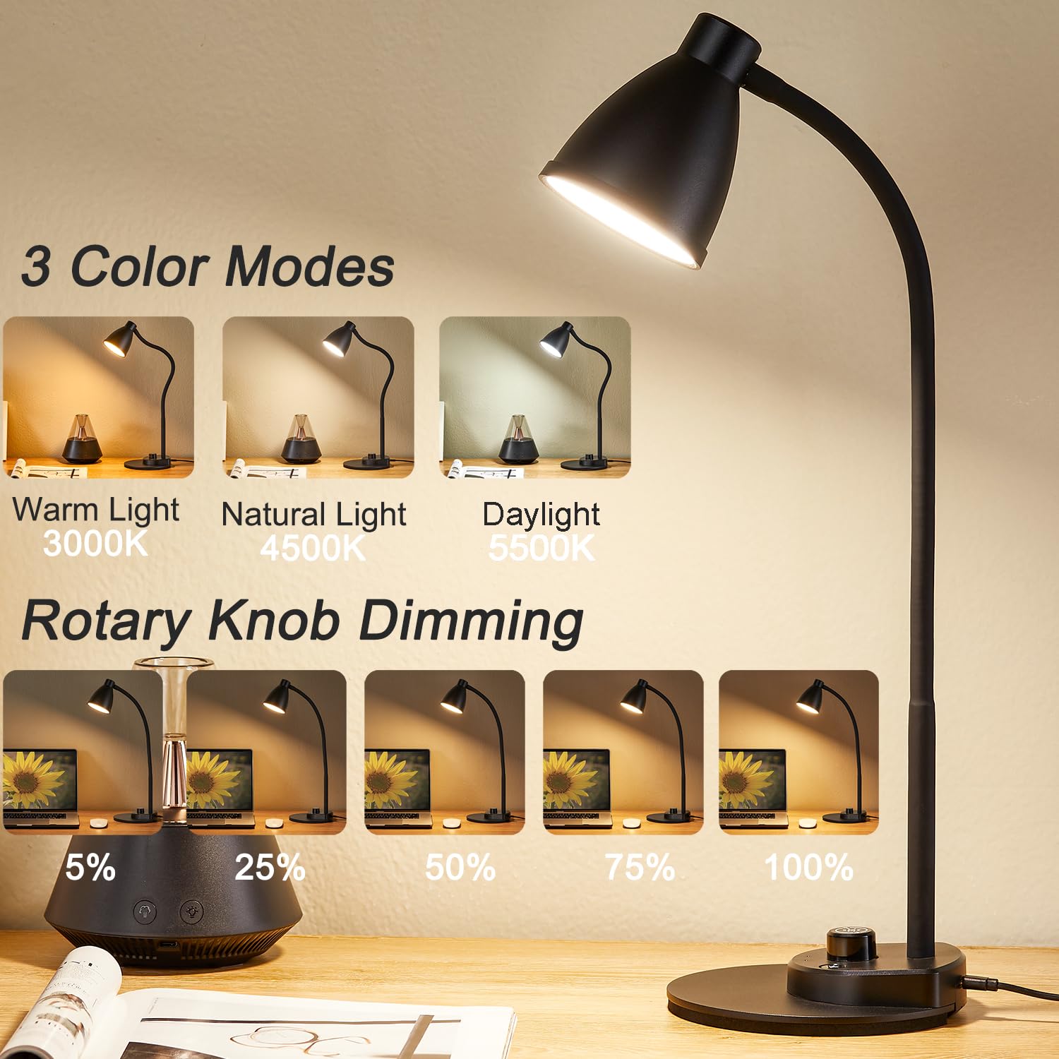 BOHON LED Desk Lamp with USB Charging, 3 Color Modes, Dimmable, Matt Black, Flexible Gooseneck for Bedside & Office