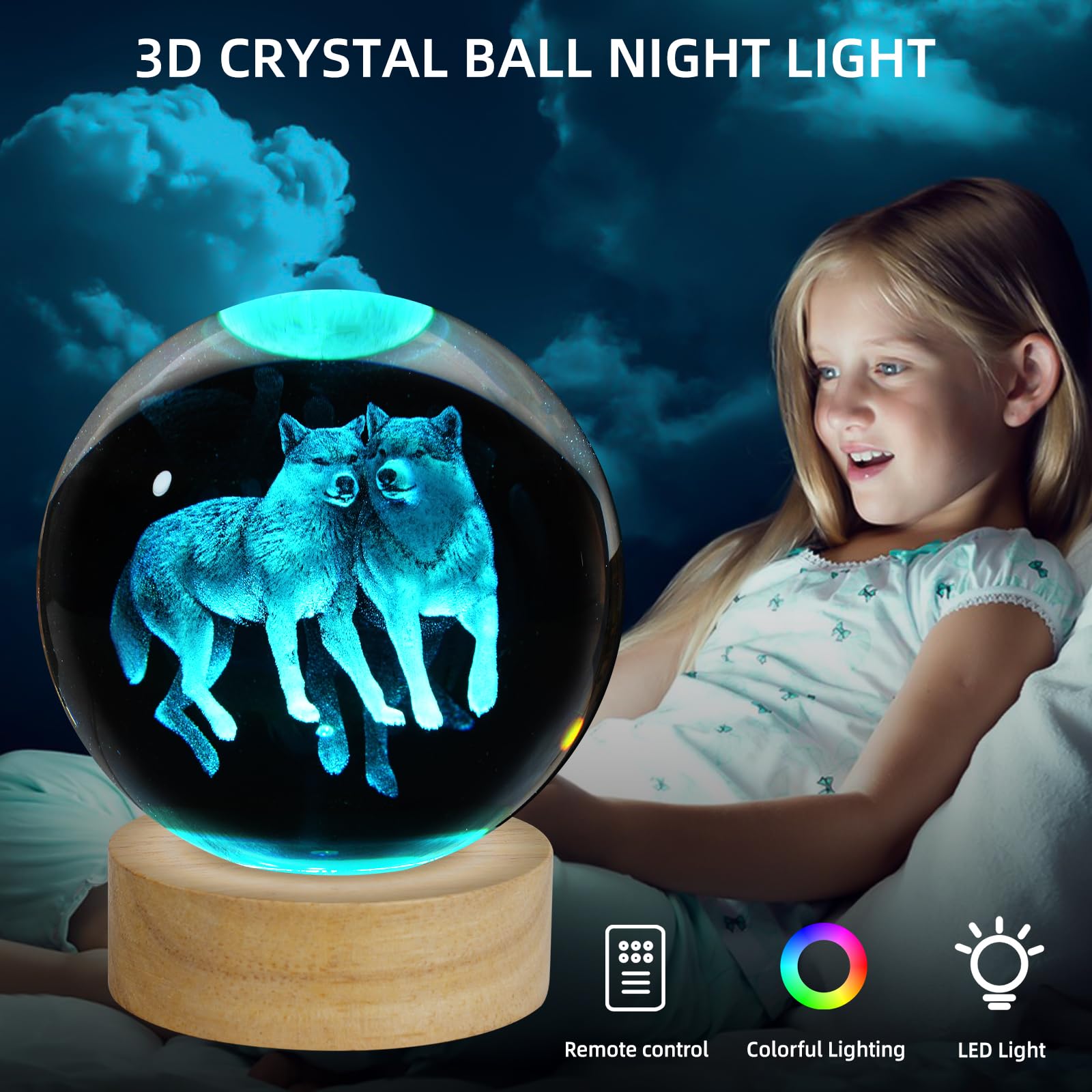 Zxblaq 3D Wolf Crystal Ball Night Light, Upgraded 3.15 Inch Glass Ball Lamp With 16 Color Led Wooden Base, Wolf Statue Decor Bir