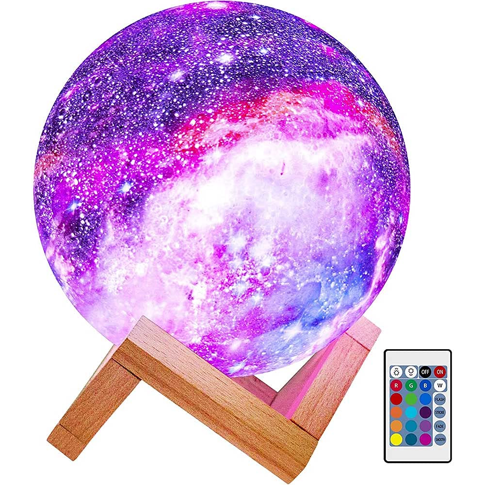 Himalayan Glow Kids Night Galaxy Lamp 5.9-inch 16 Colors LED 3D Star Moon Light with Wood Stand, Remote & Touch Control USB Rech