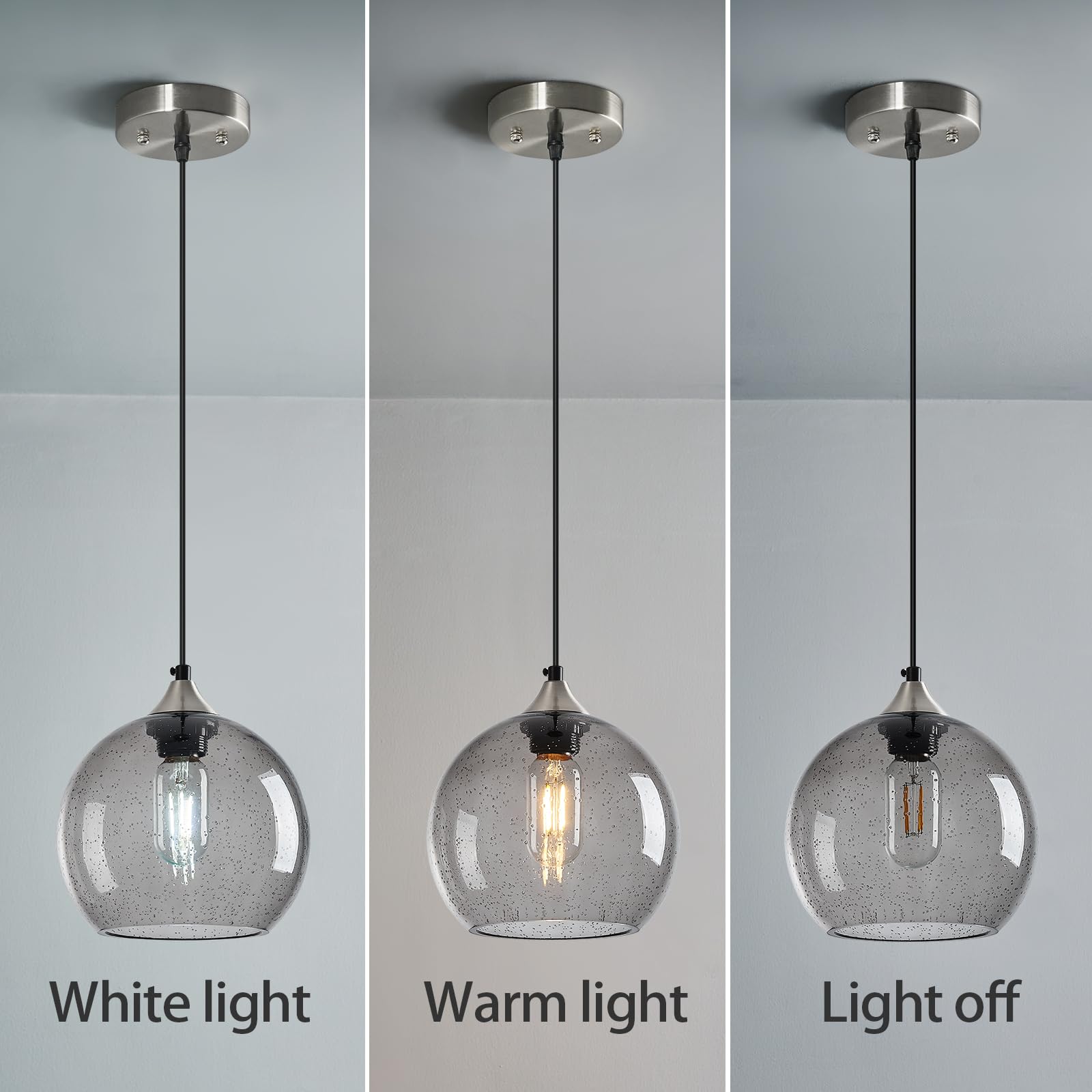 Lbsqj Light Grey Glass Pendant Lights Kitchen Island Lighting Globe Pendant Light Fixtures Modern Pendant Lighting For Bedroom Living Dining Room Light Fixture (7.87 In  3 Pack)