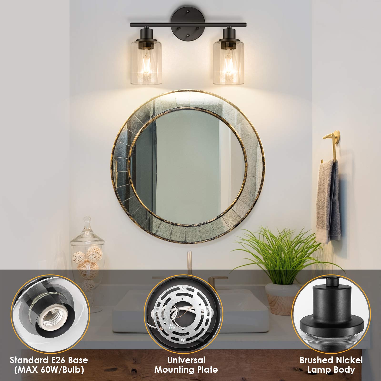 Folksmate 2-Light Matte Black Vanity Light Fixtures With Glass Shade For Modern Bathrooms