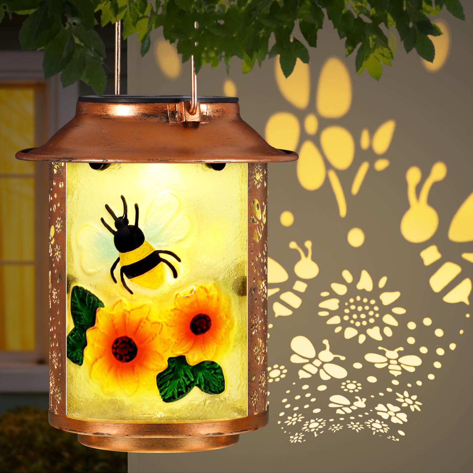 Bees Solar Lanterns Outdoor Waterproof,Birthday Gifts for Women Mom Grandma Garden Decor,Hanging Solar Lights Wall Mount Decorat