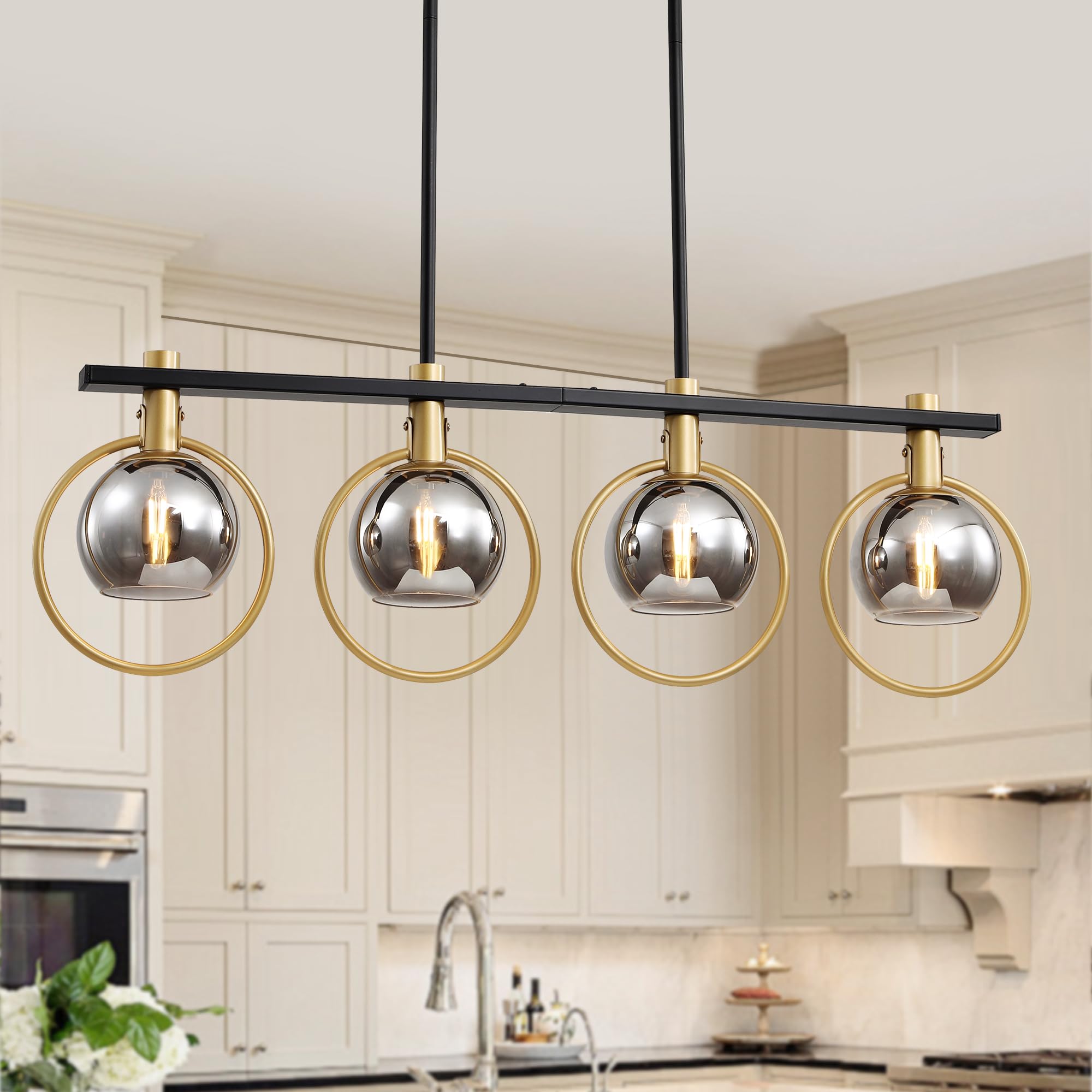 Kveosv 4-Light Gold Black Chandelier Modern Farmhouse Linear Light Fixture Smoke Gray Glass Shade