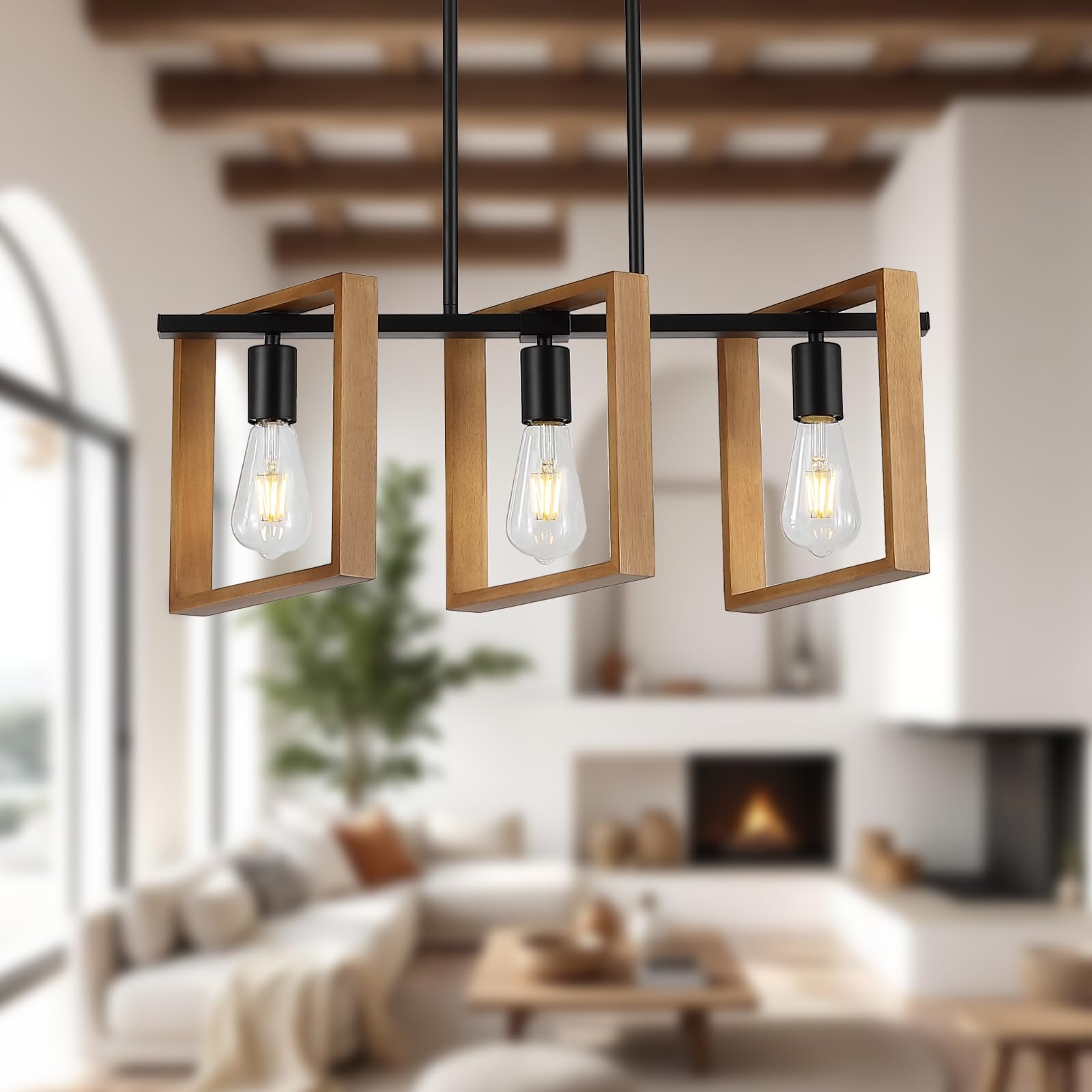 9MMML 3 Lights Kitchen Island Lighting, Black 3 Lights Dining Room Chandelier,Wood Frame Pendant Light for Living Room Foyer Ent