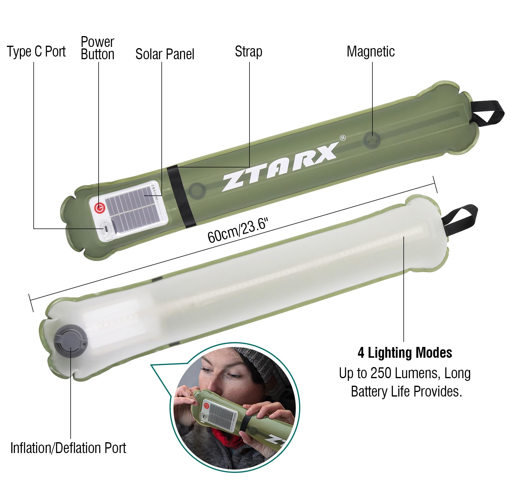 Qoolife Solar Camping Lights Bars LED Tube Light IP66 Waterproof 60CM Rechargeable Green/White Model QL-TBL-60EU