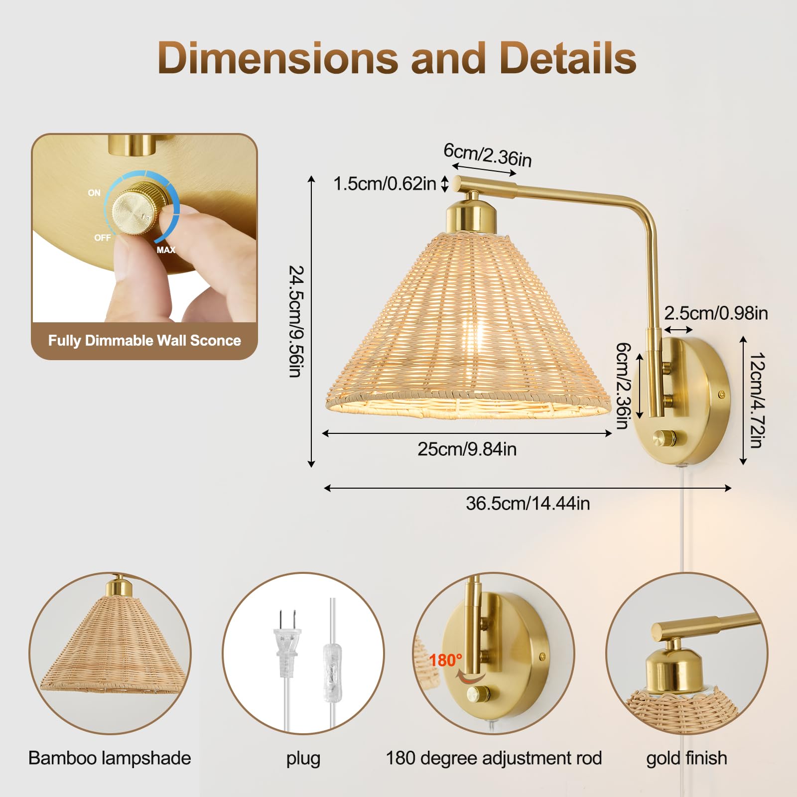 Weaboopre Rattan Wall Sconce Set of 2, Gold Plug-in Lamps with Dimmer, Hand Woven Boho Design for Bedroom & Living Room - Model WPWS002