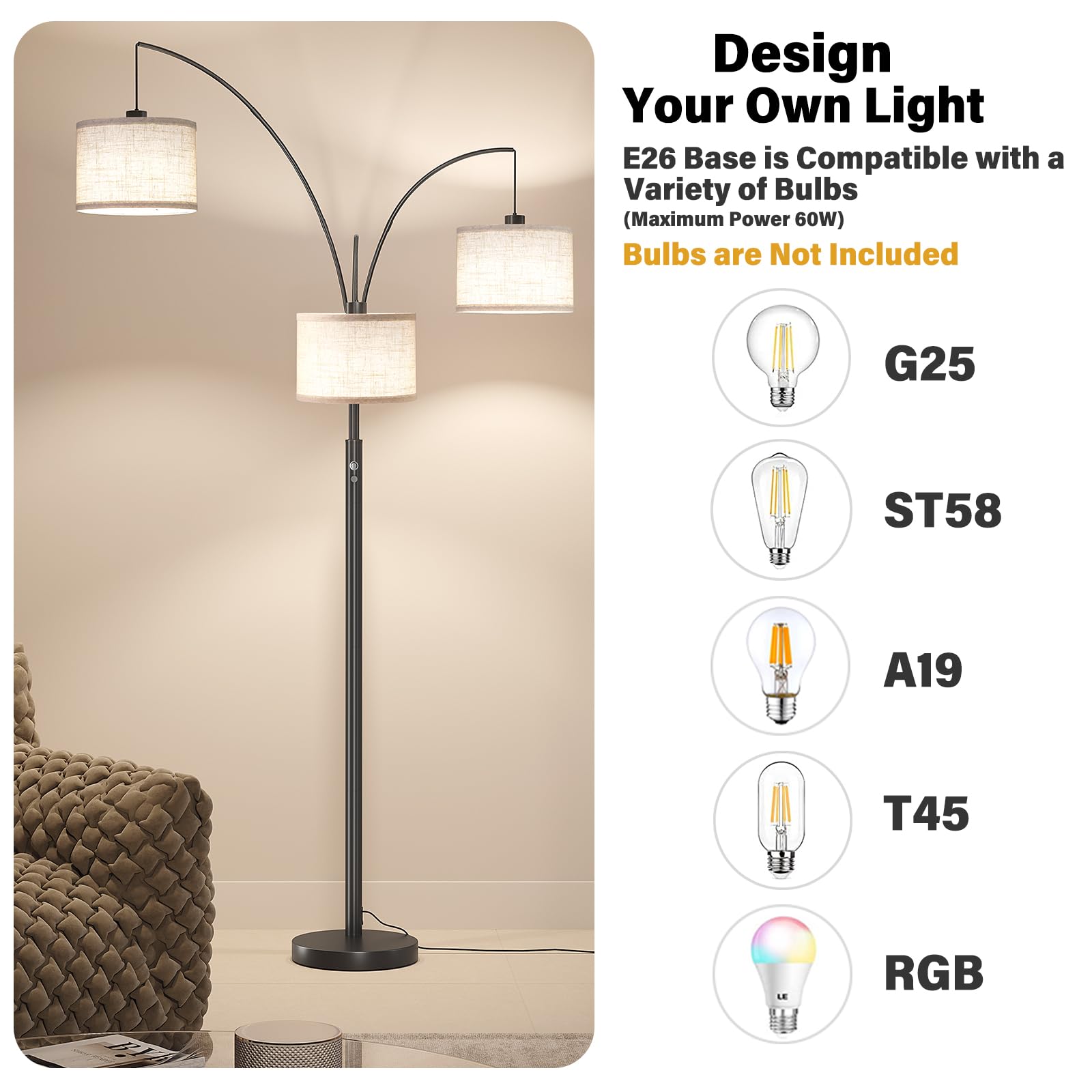 SUNMORY 3 Lights Floor Lamp, 78" Tall Metal Arc Lamp, Black with Drum Shade, Mid Century Design for Living Room, Bedroom, Office