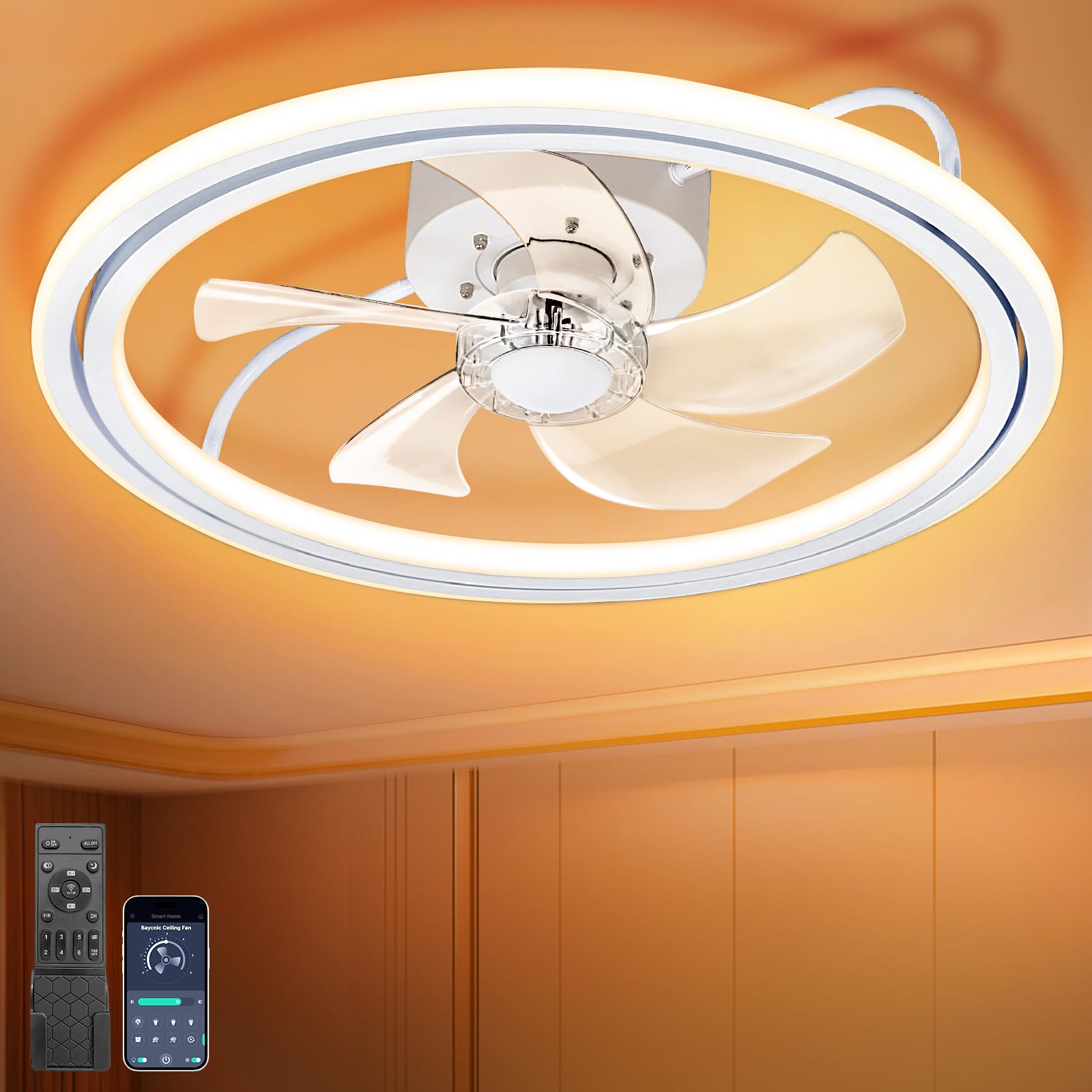Baycnic 20 Low Profile Flush Mount Bladeless Ceiling Fan with Light, Fandelier, Quiet DC Motor, App and Remote Control, Dimmable