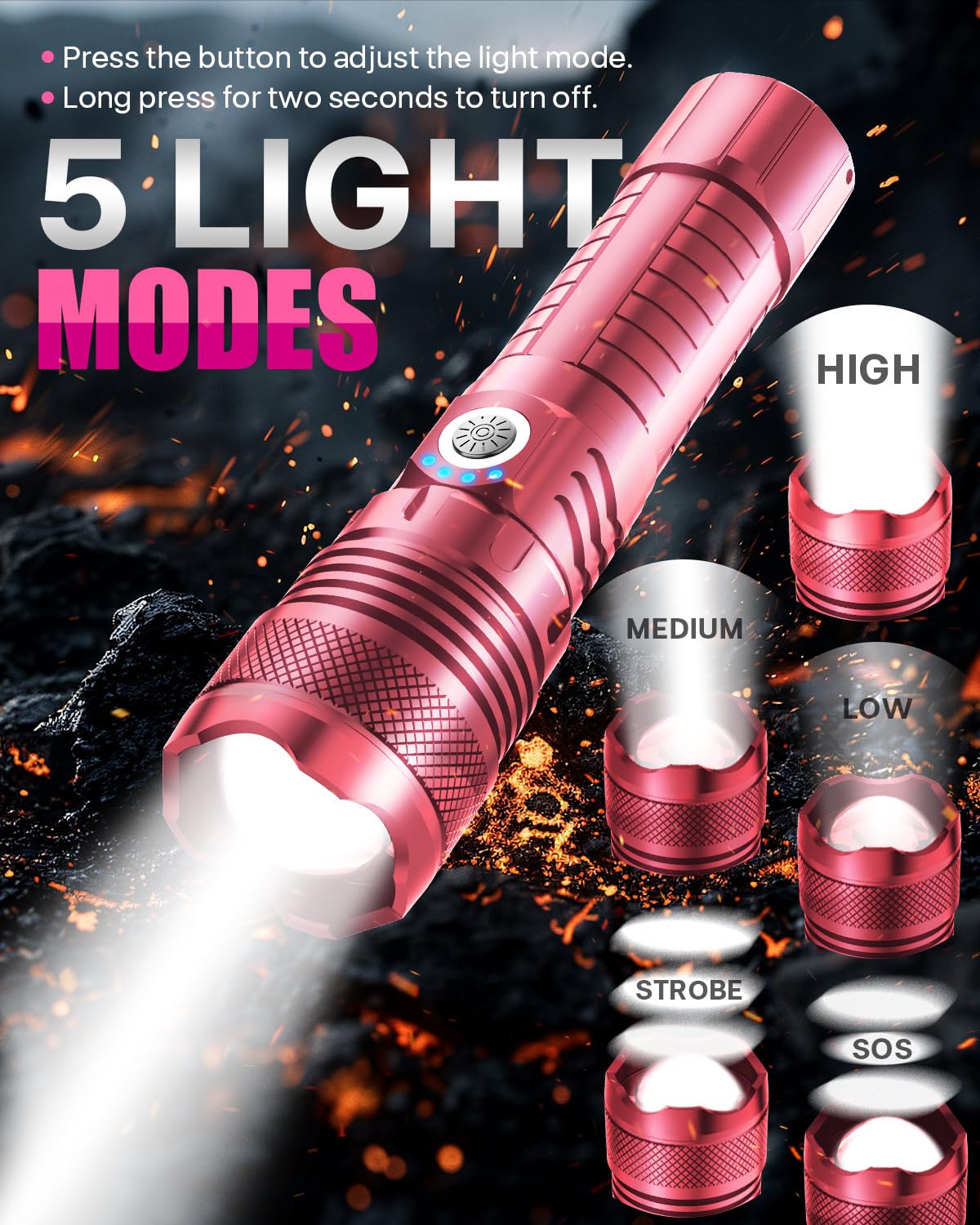 Victoper Pink Led Flashlights, High Powered High Lumens Super Bright Tactical Flashlight, Rechargeable, 5 Modes Zoomable Waterpr