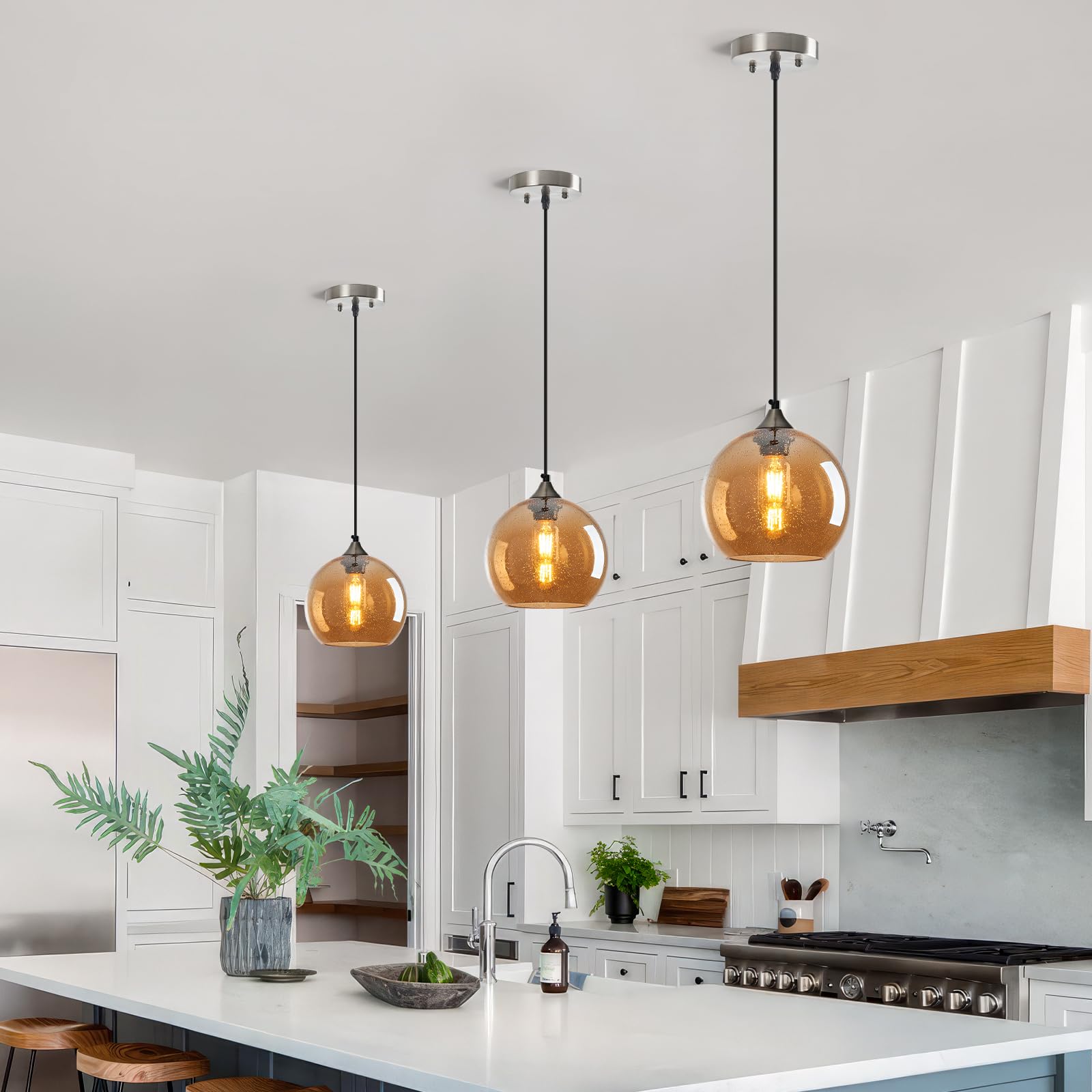 LBSQJ Amber Glass Pendant Lights - Modern Globe Lighting for Kitchen Island, Bedroom, Dining Room - 7.87in, 3 Pack, Model LBSQJ-460