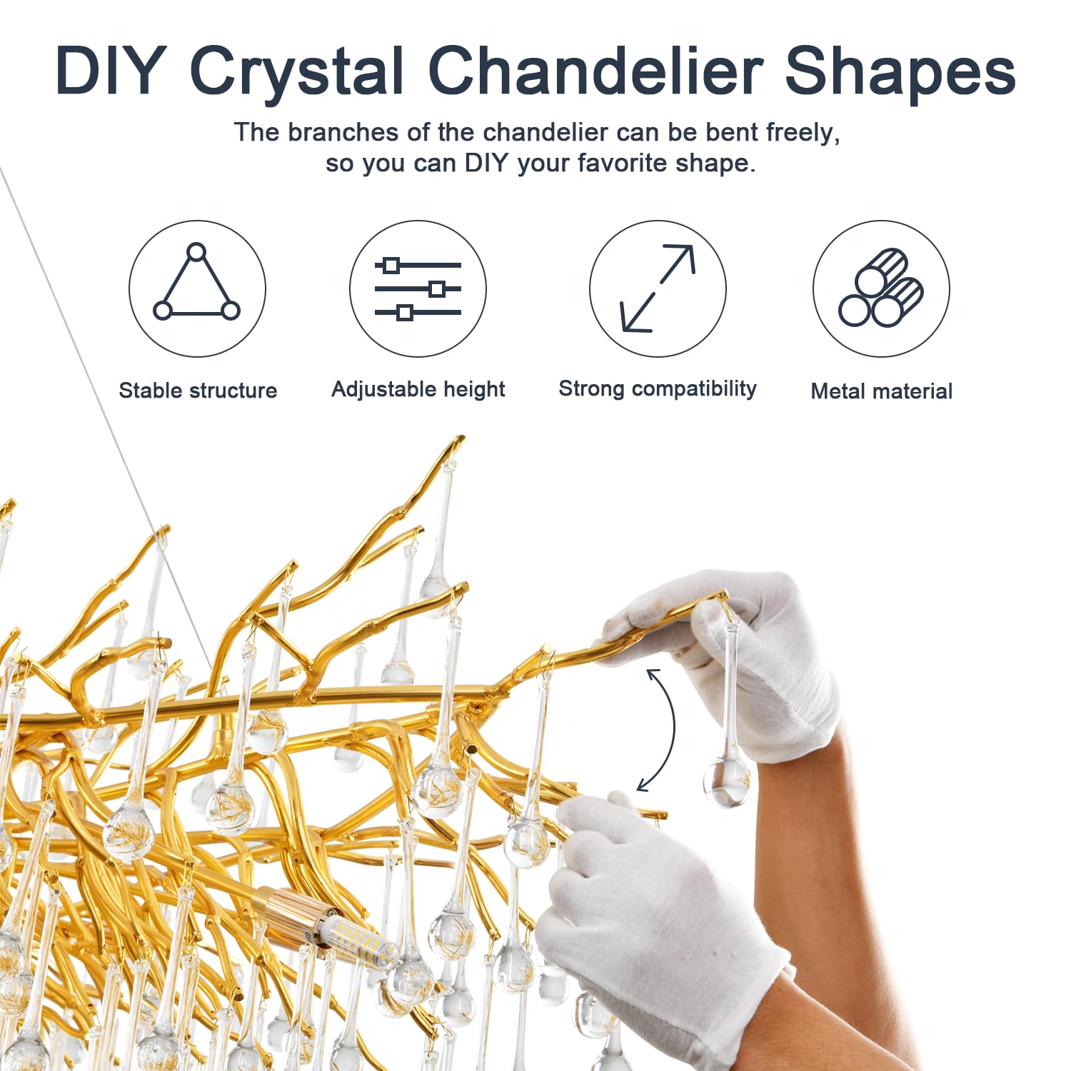 Niuzdu Crystal Chandelier For Dining Room - 63In Modern Farmhouse Crystal Gold Chandelier, Raindrop Tree Branch Chandeliers For