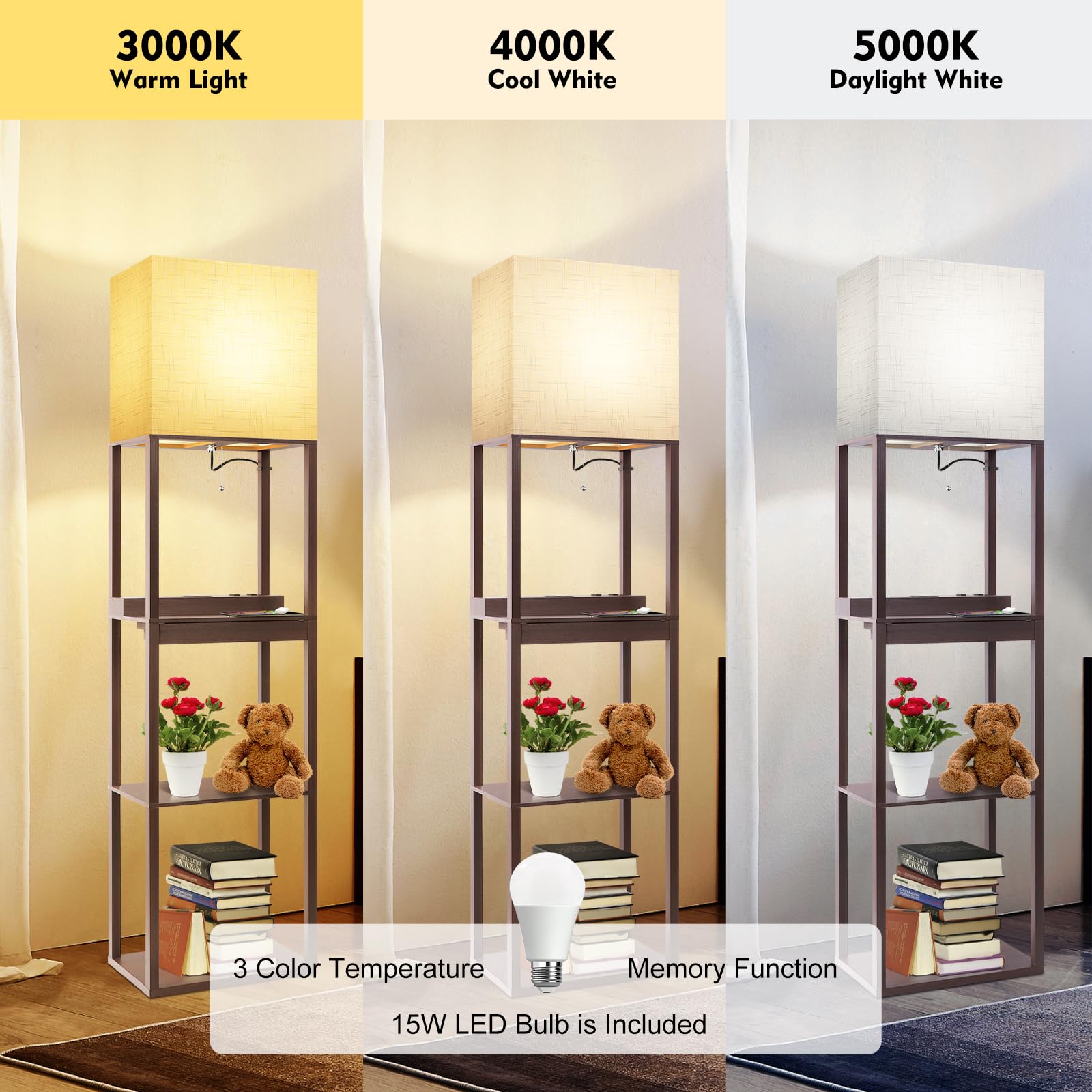 Runtop Floor Lamp With Shelves, Modern Standing Lamp With Wireless Charger, 1 Drawer And 2 Usb Ports & 2 Power Outlet, 15W Led B