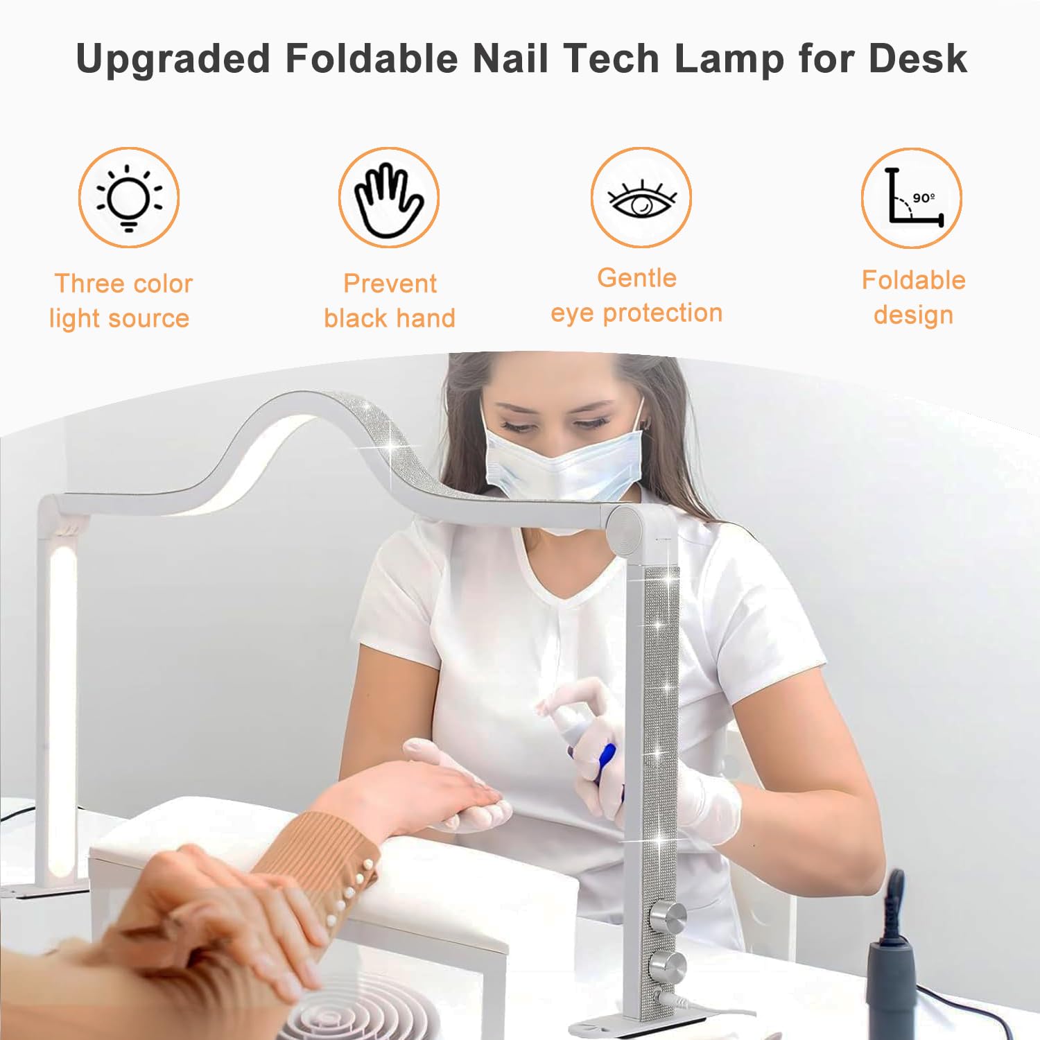 Afatnao Nail Tech Lamp - 34in Foldable Large LED Manicure Light, 3 Modes, Aluminum, Gold, Model TJL-HM