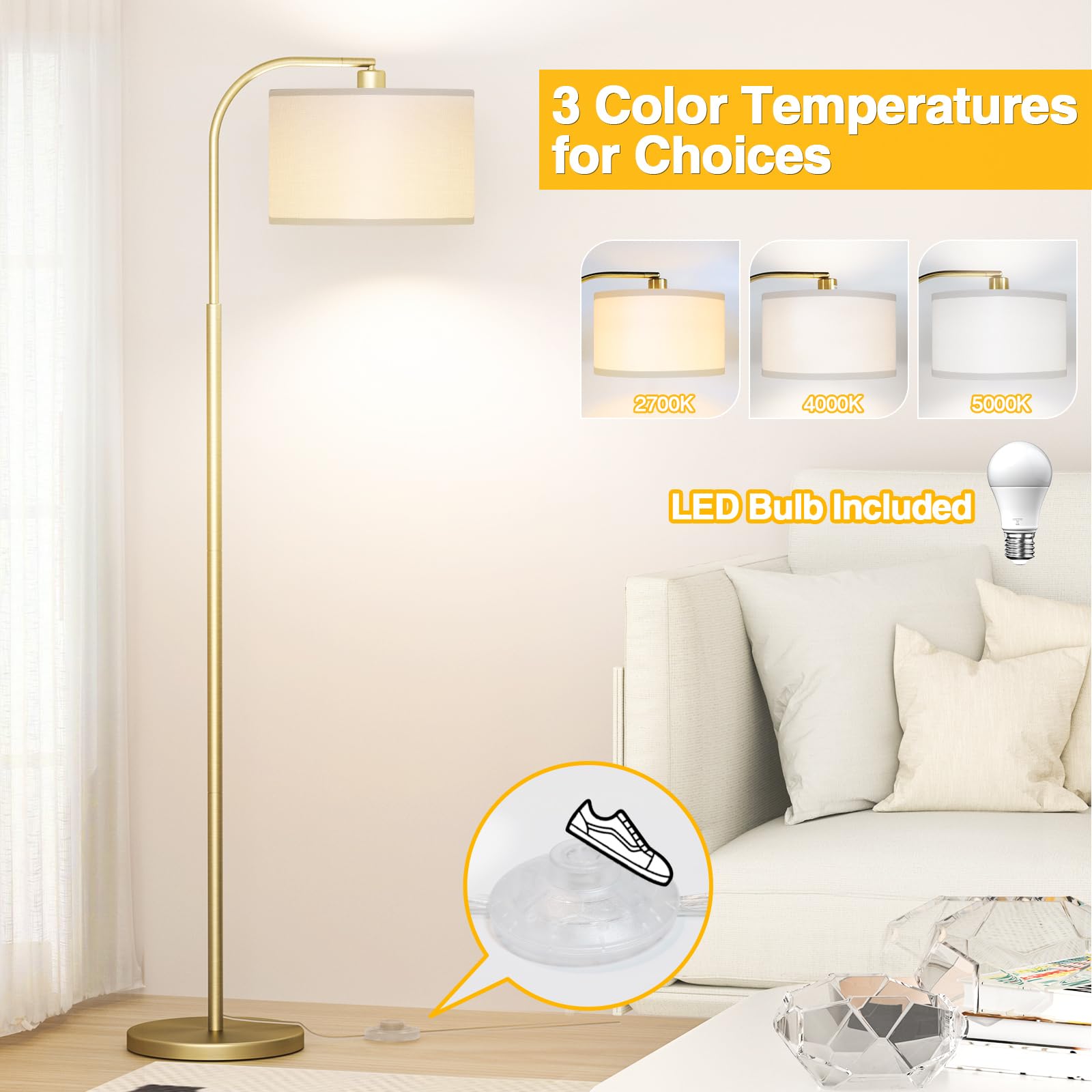 Cnxin Arc Floor Lamps For Living Room With 3 Color Temperatures, Modern Floor Lamp Reading Light With 9W Bulb Included, Standing Lamp With Adjustable White Hanging ?Lampshade For Bedroom Office(Gold)