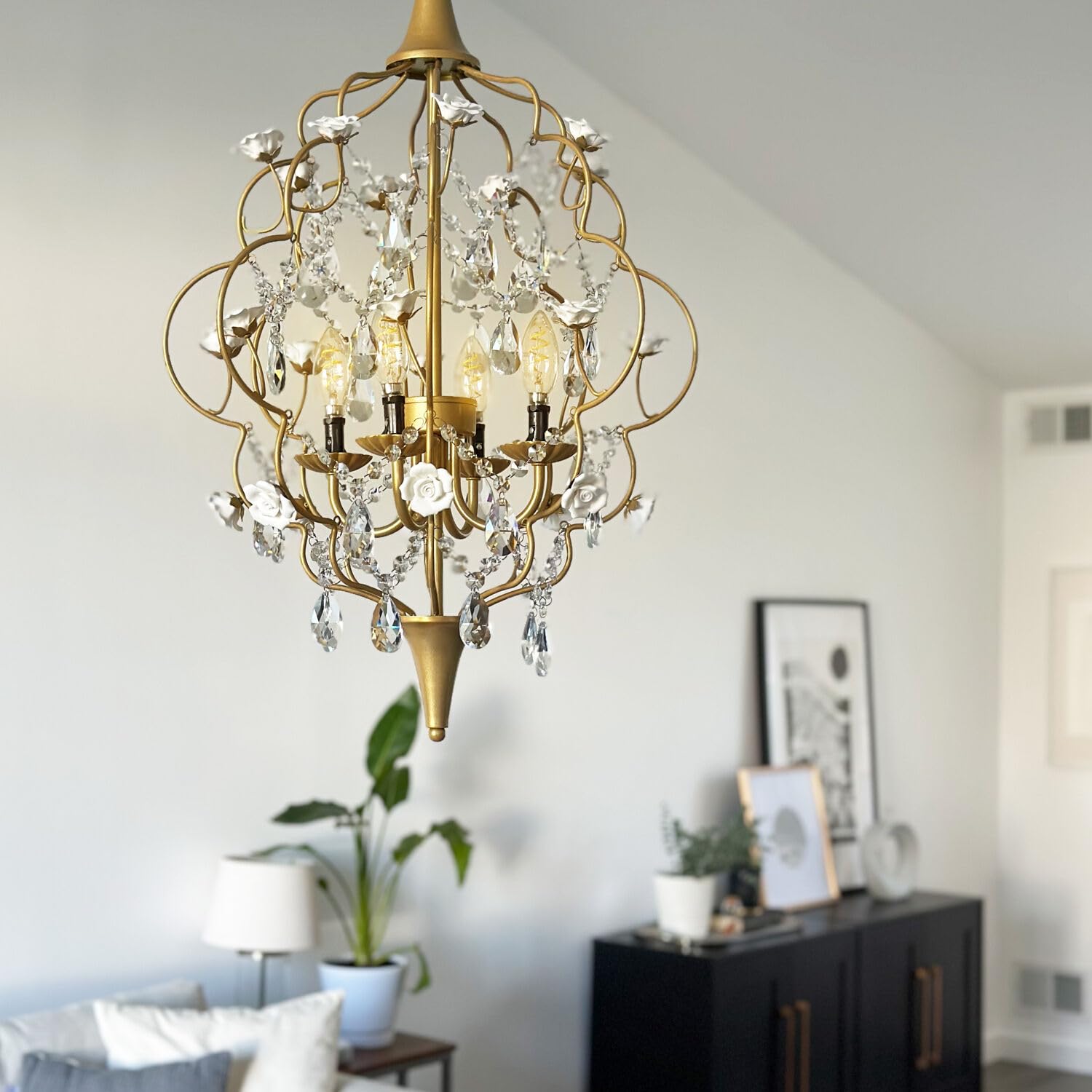 Af Lighting Floral 4-Light Chandelier With Cream Ceramic Roses And Clear Acrylic Beads For Hardwire Installation In Bedroom, Dining Room, Foyer, Or Stairwell, Brushed Gold