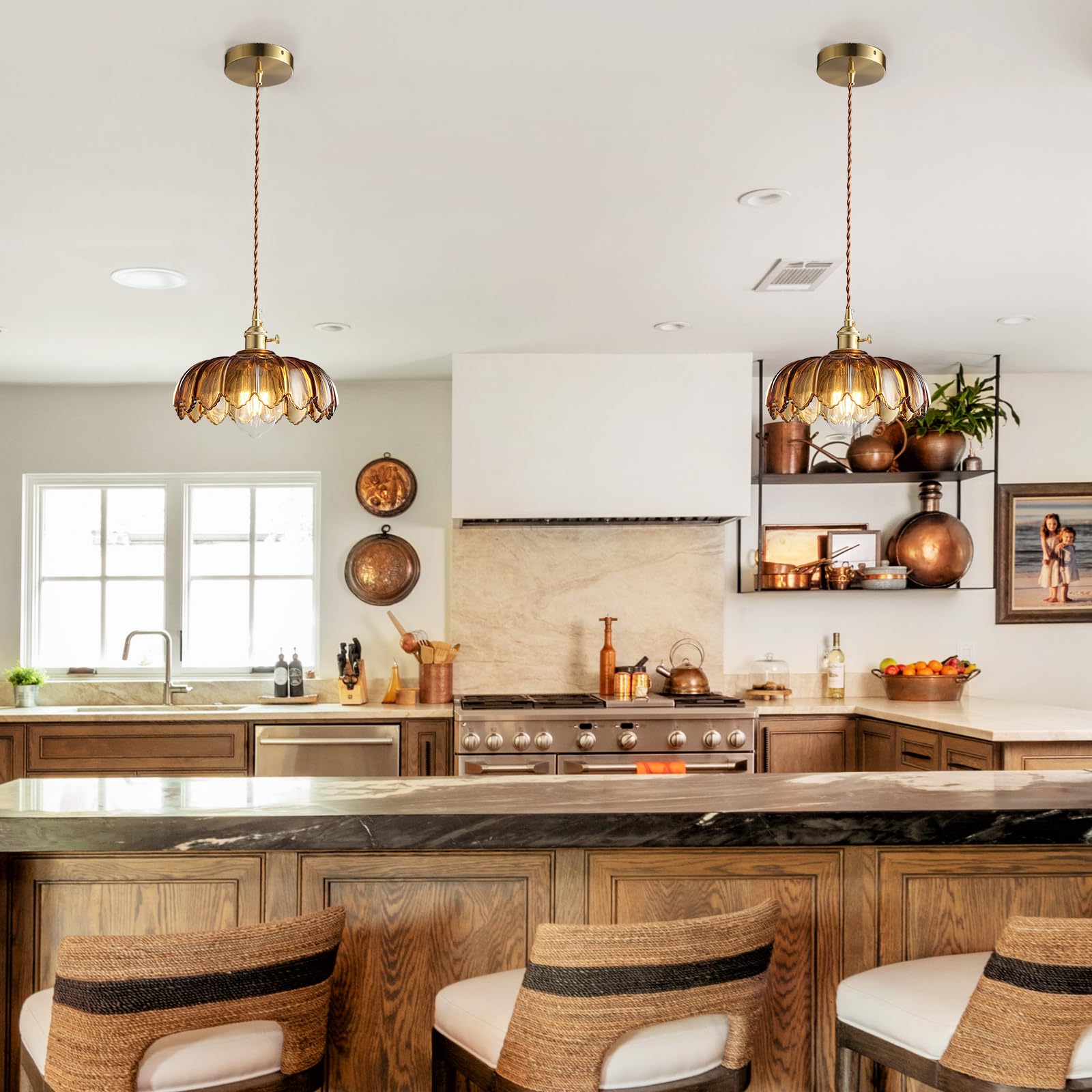 XZHGCEE Pendant Lights - Amber Glass Hanging Light Fixture with E26 Base, Modern Design for Kitchen Island, Dining Room, Bedroom, Model 6202601