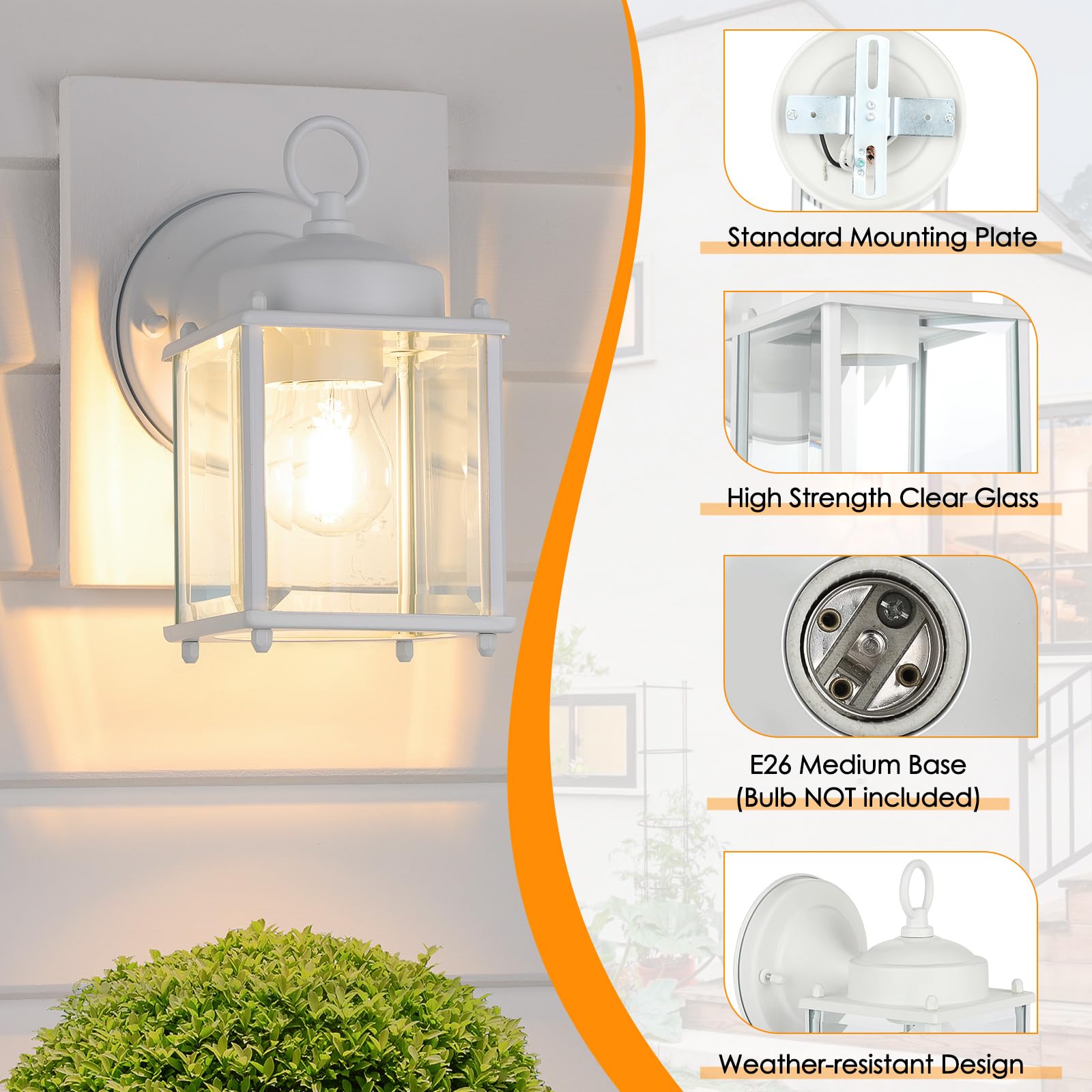 Matameye Outdoor Wall Lantern, Exterior White Waterproof Wall Sconce Lighting Fixtures, Front Door Wall Lights With Clear Bevele