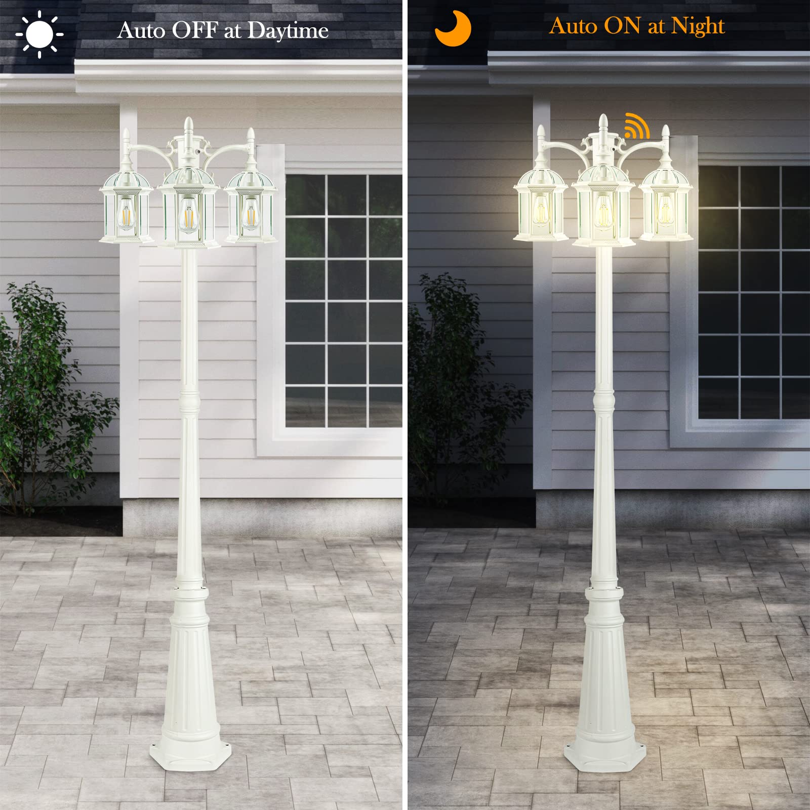PARTPHONER Outdoor Lamp Post Light - 3 Head Waterproof Birdcage Design, White Aluminum, Model PA1201White for Yard and Garden