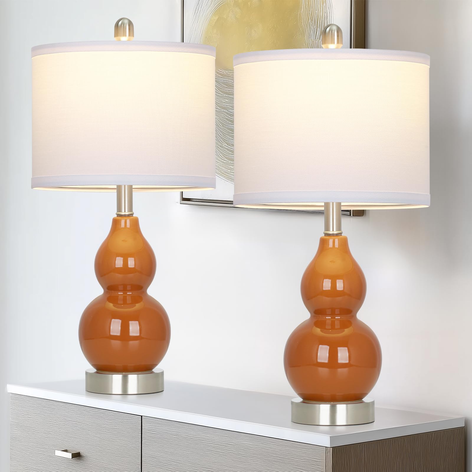 luxeflow 22 Modern Double Gourd Ceramic Table Lamps Set of 2  Red Bedside Lamps for Living Room  Contemporary Nightstand Desk Lamps for Bedroom End Table Home Office Decor(2 LED Bulbs Included)