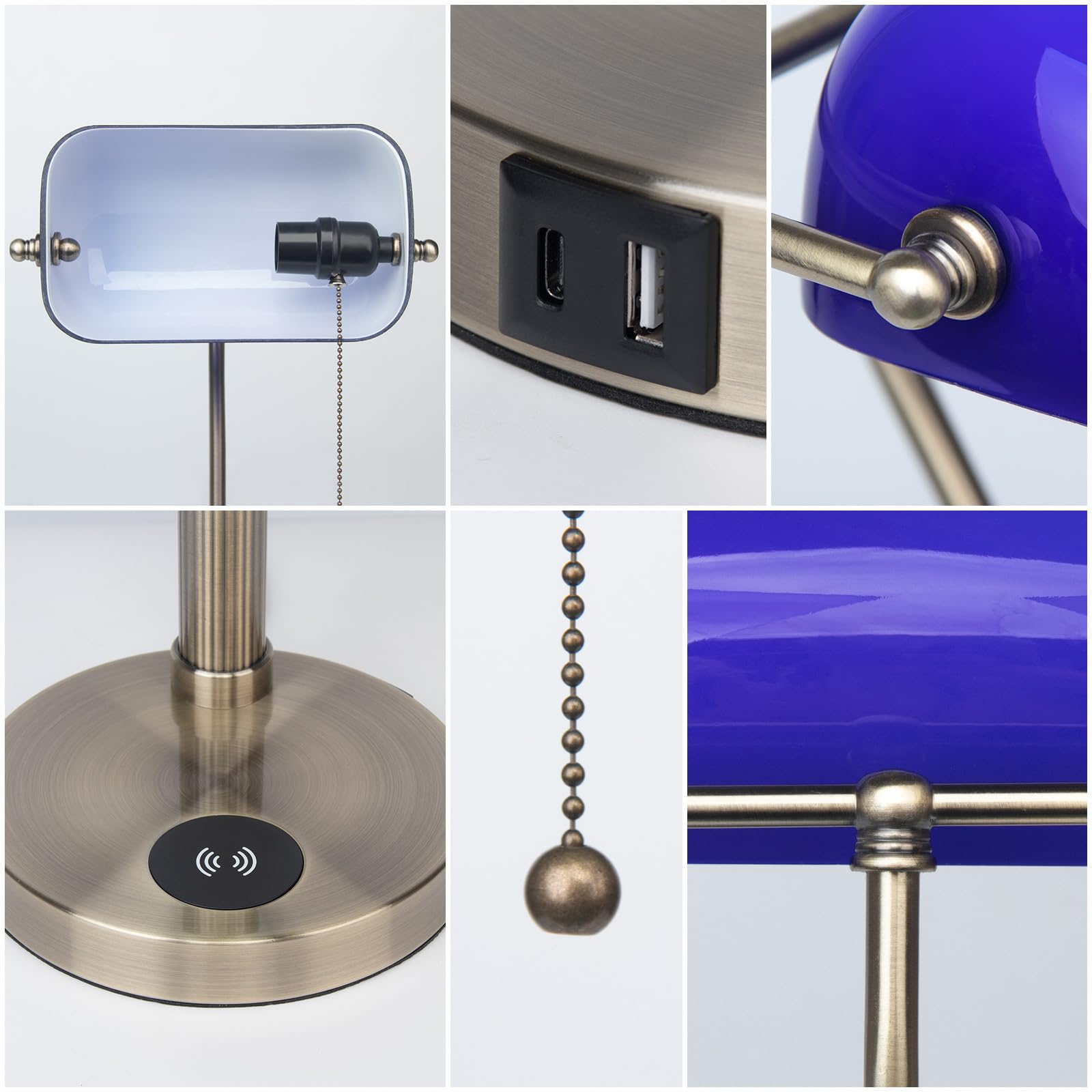 FIRVRE Bankers Lamp with2 USB and Wireless Charging Port,Pull Chain Switch Blue Glass Desk Lamp, E26 Base,Traditional Library De