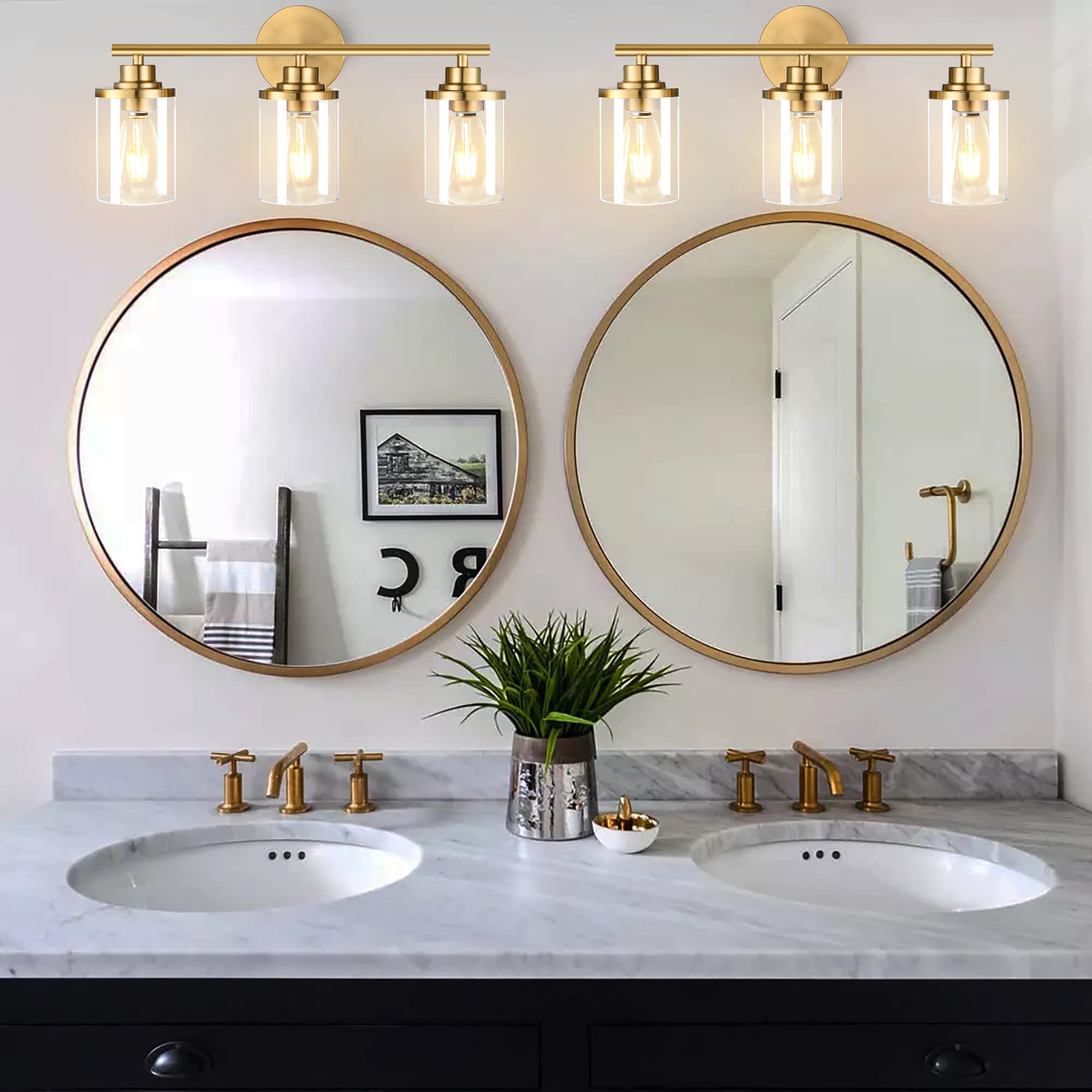 Porphyions 3-Light Bathroom Vanity Light Fixture, Brushed Gold Metal, Modern Design, 20in  Over Mirror Sconce