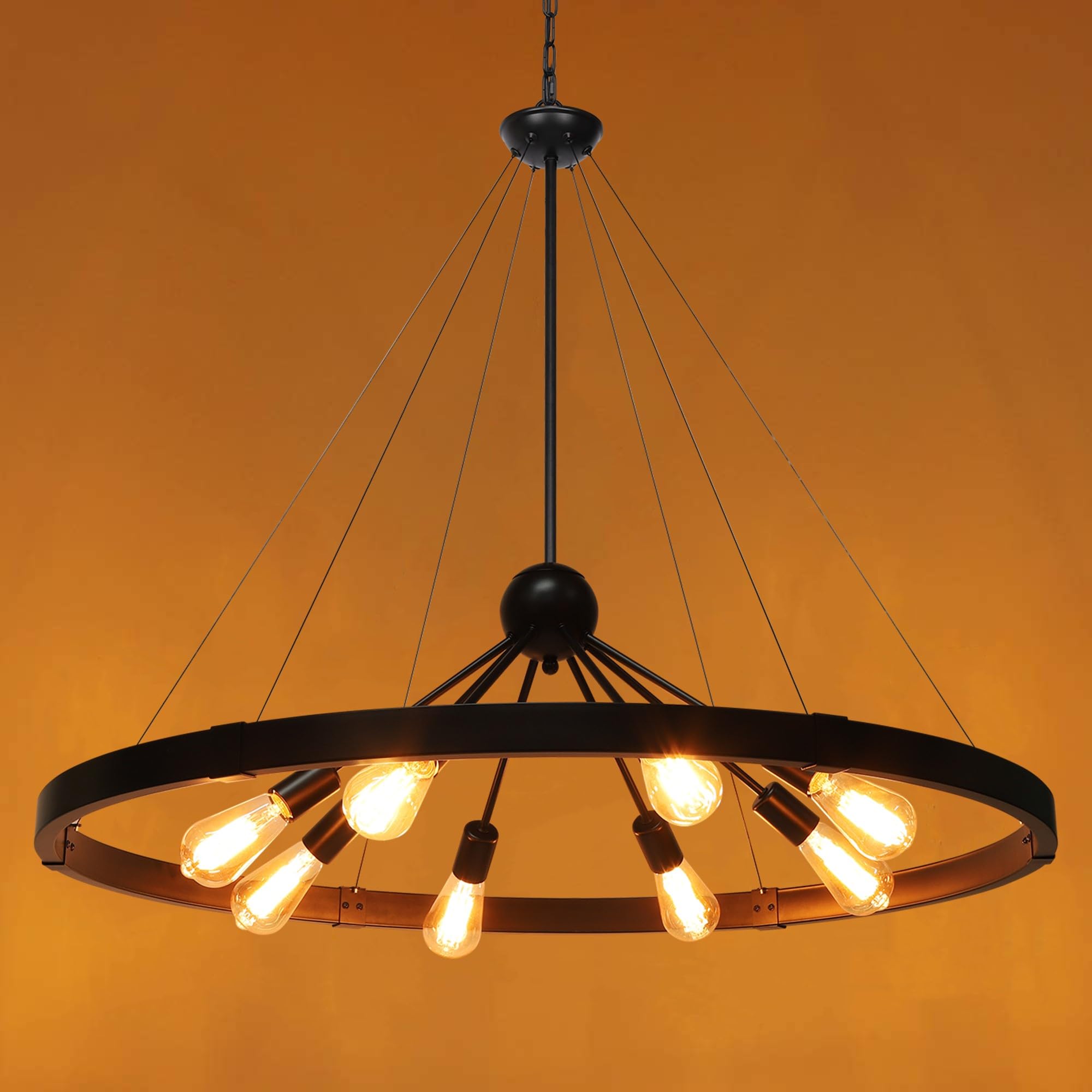 Klgxnrd 38.2'' Large Black Wagon Wheel Chandelier For Dining Room, 8-Light Country Round Metal Pendant Light Fixtures For Living